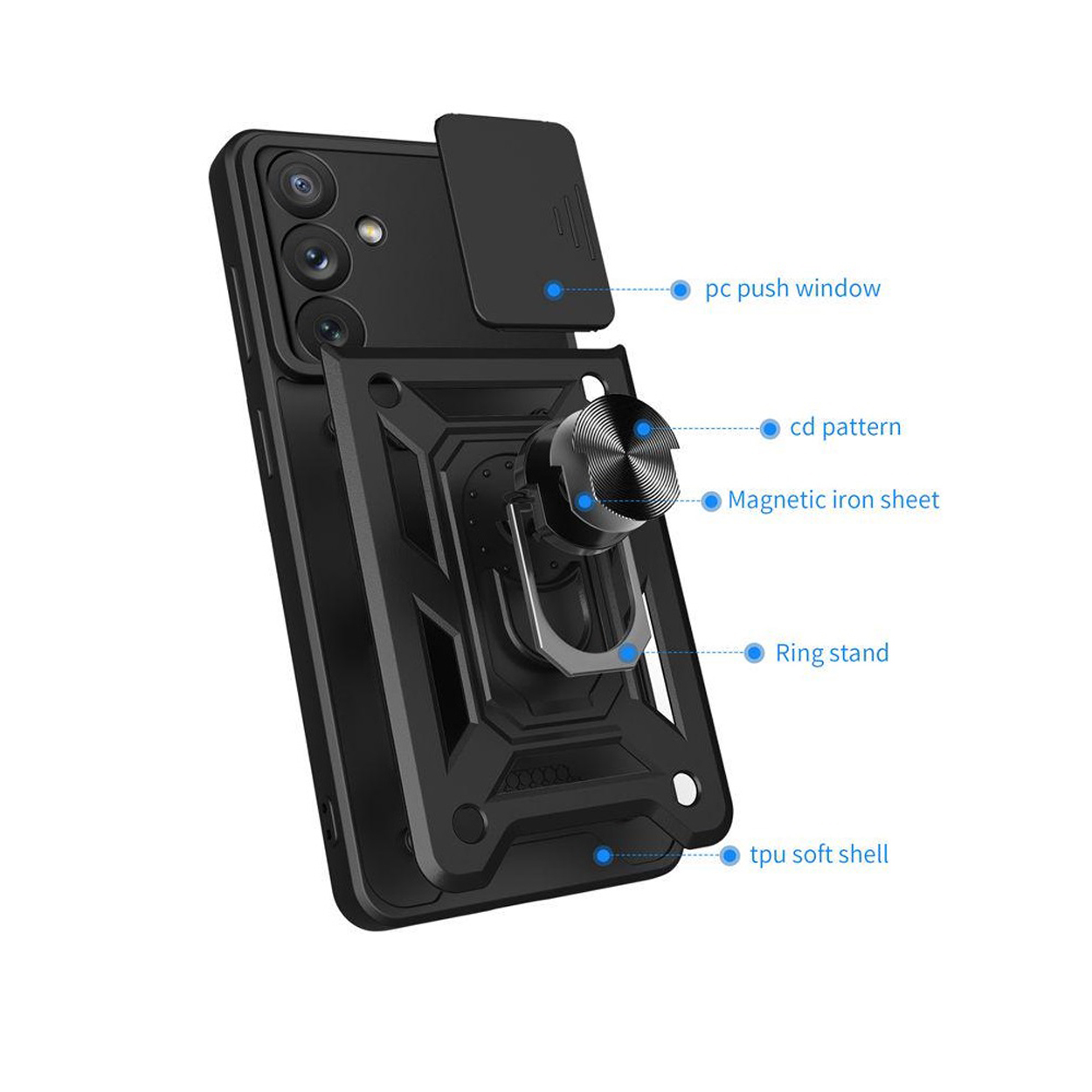 Zwarte telefoonhoes met ringstandaard, camerahoes en labels zoals 'cd-patroon'.