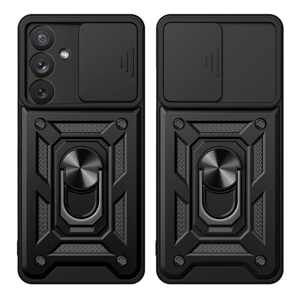 Zwarte telefoonhoes met ringhouder en camerabescherming. Witte achtergrond.
