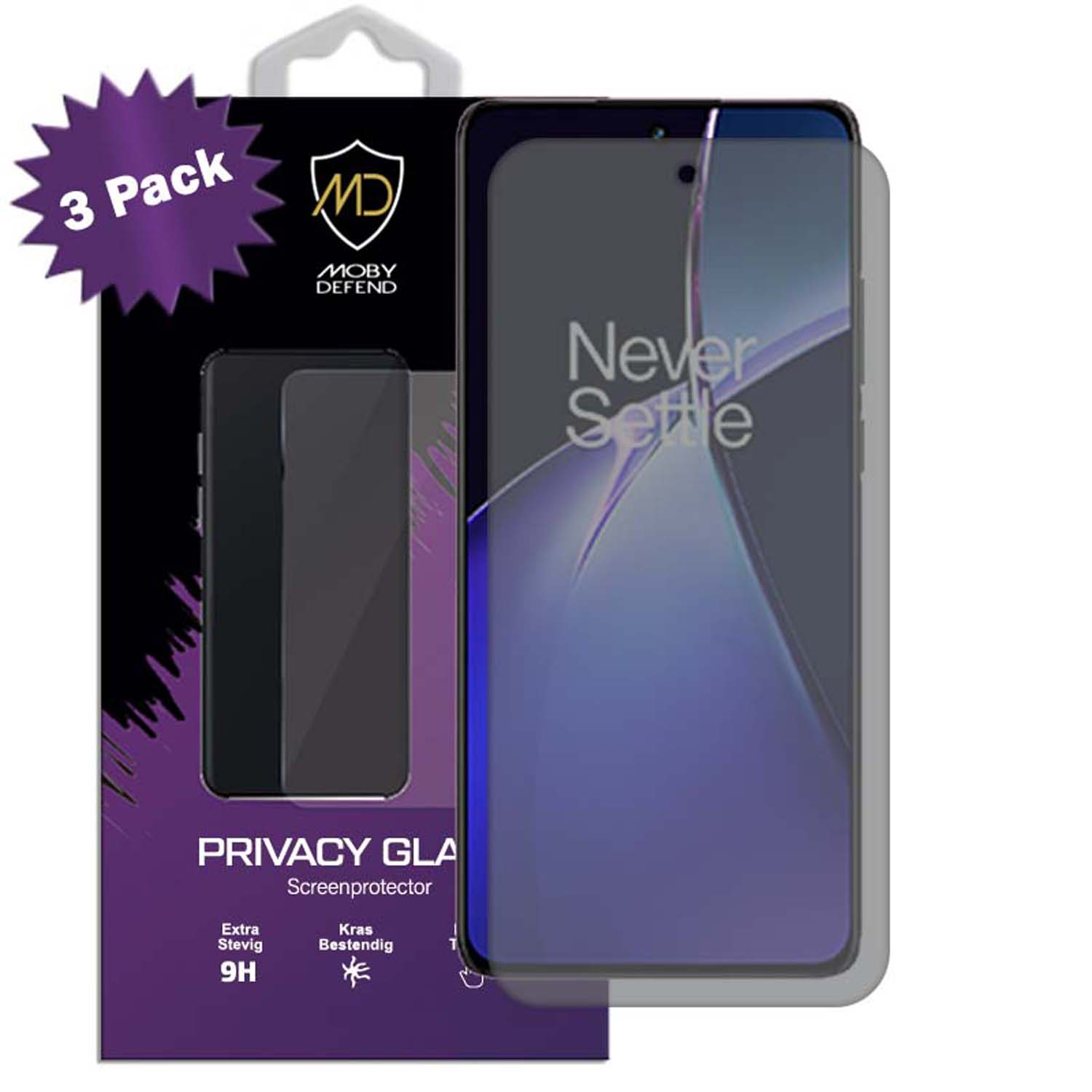 Protecteur d'écran en verre de confidentialité, lot de 3. Le téléphone affiche image bleu-violet.