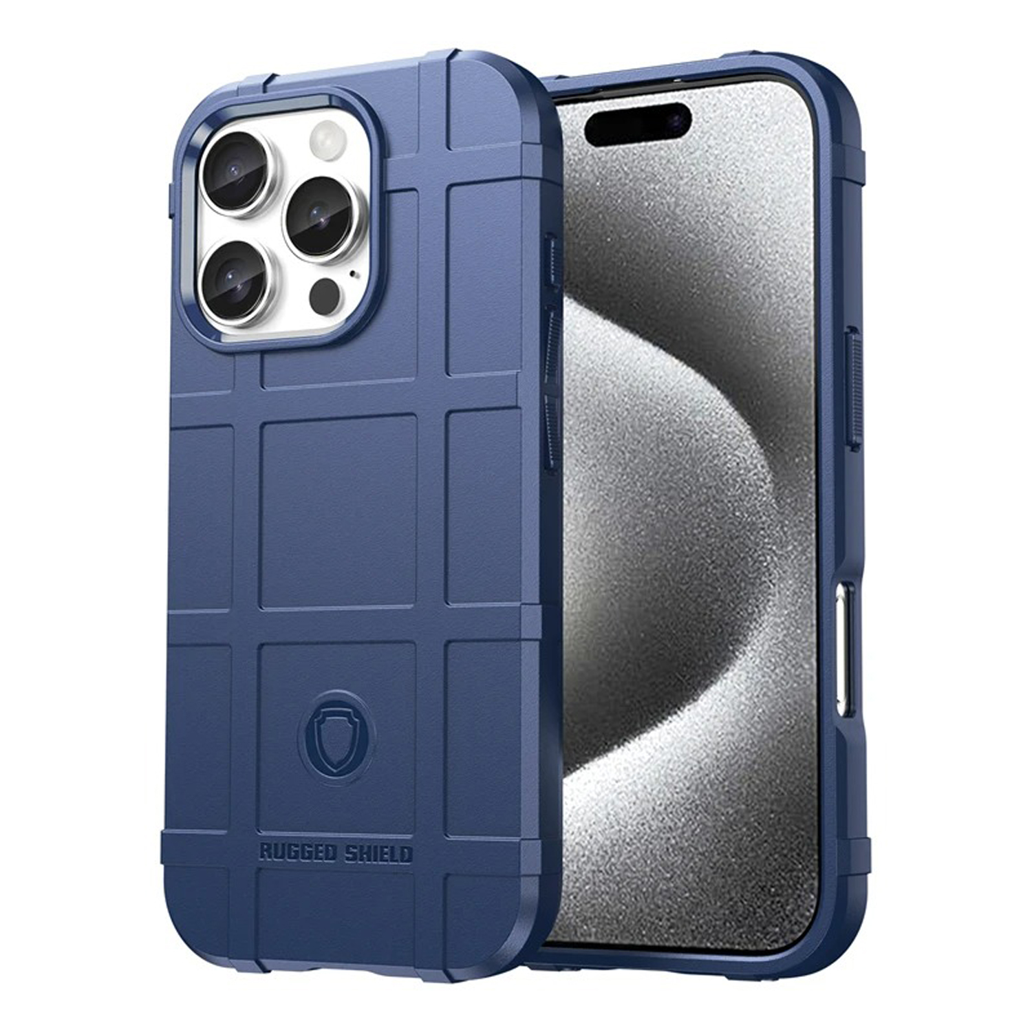 Coque de téléphone bleue robuste avec plusieurs lentilles de caméra. Motif quadrillé. Le téléphone est dedans.