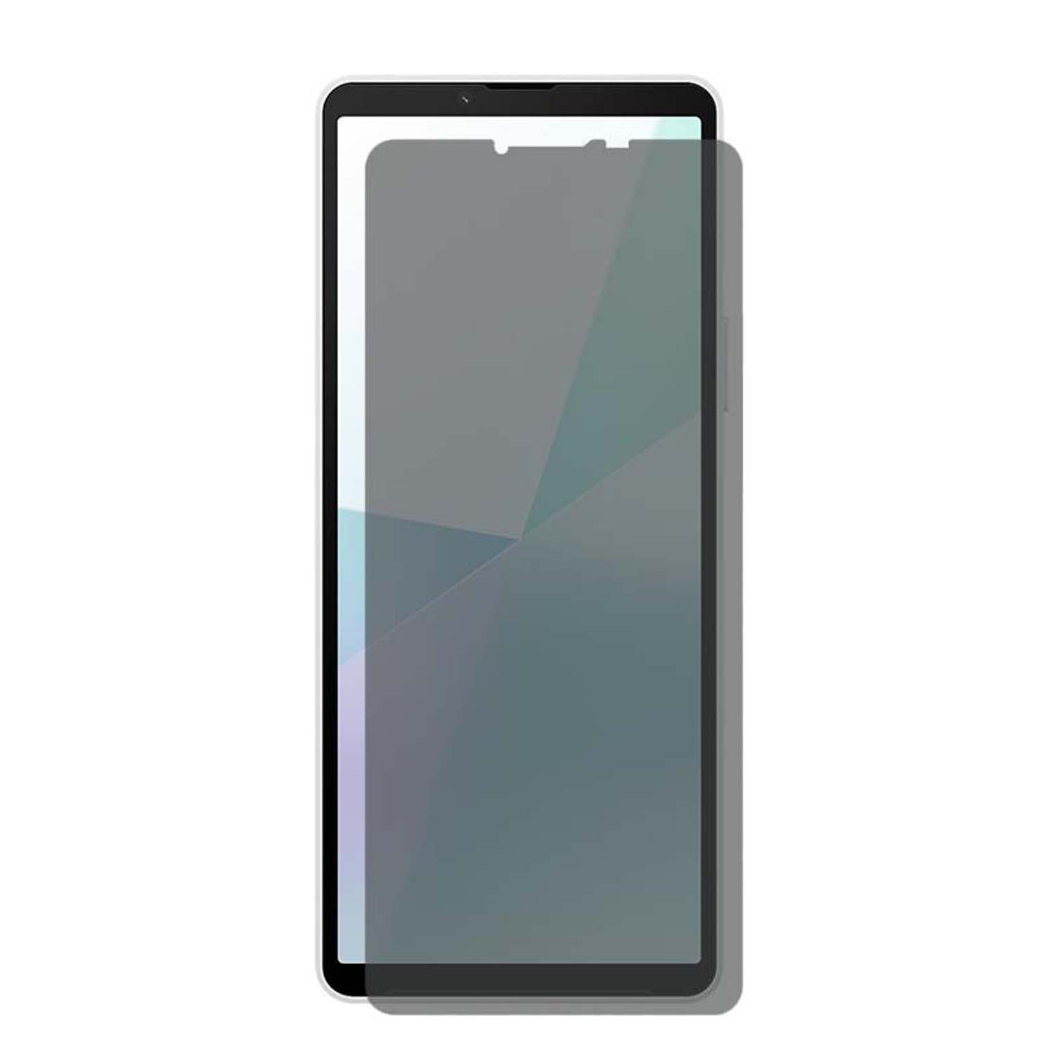 Telefoon met schermbeschermer. Telefoon is zwart, met een schermbeschermer erop. De beschermer is donker en reflecteert licht.