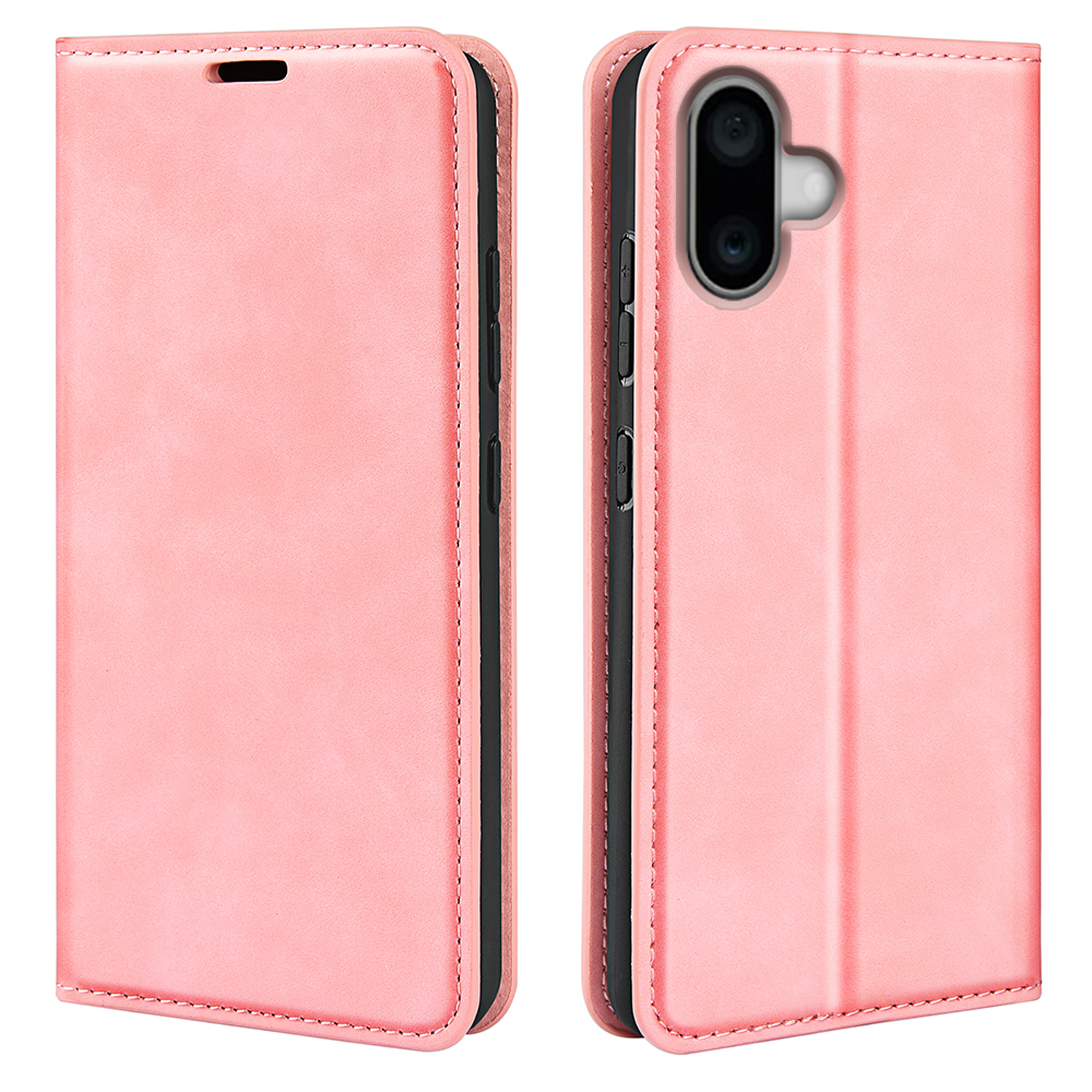 Roze telefoonhoes, open en dichtgevouwen. De open hoes toont het scherm van de telefoon.