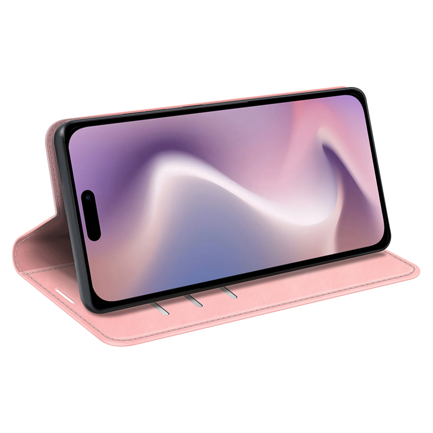 Roze telefoonhoes, telefoon erin. De telefoon staat omhoog.