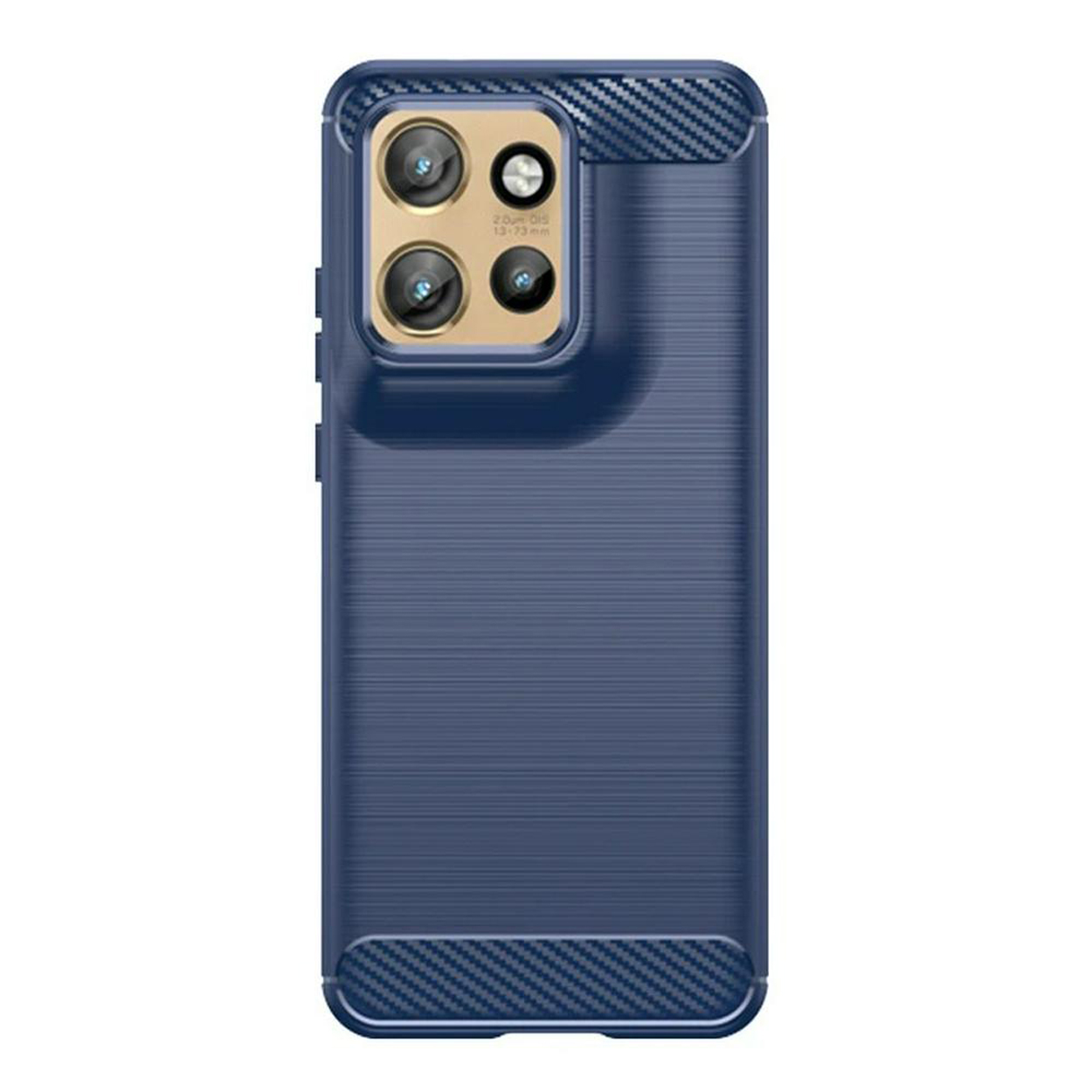 Coque de téléphone bleu foncé avec bosse de caméra. Surface texturée avec des accents sombres. Bordure en fibre de carbone.