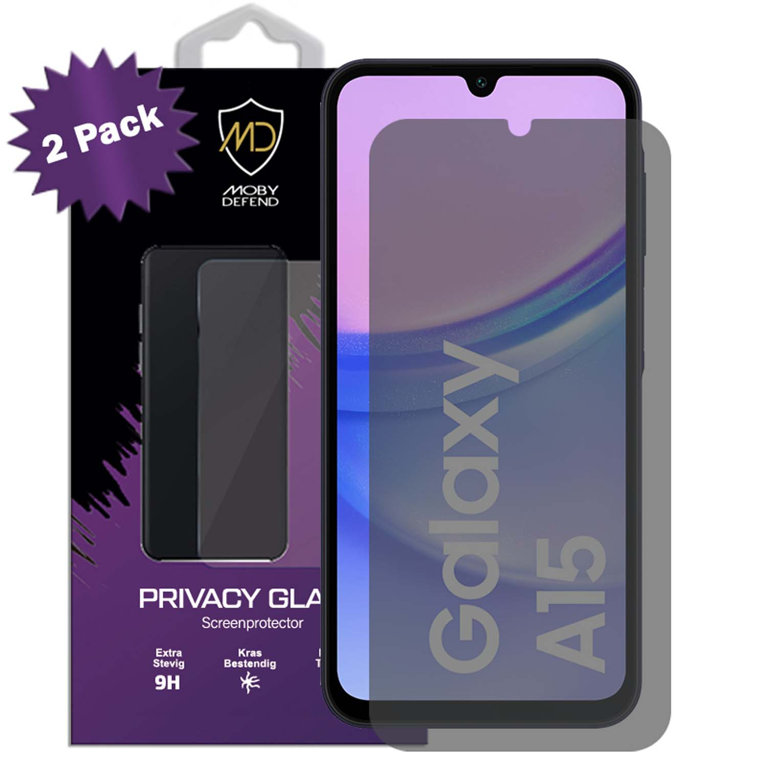 Protecteur d'écran pour Samsung Galaxy A15, pack de deux. L'emballage montre le protecteur sur un tel.