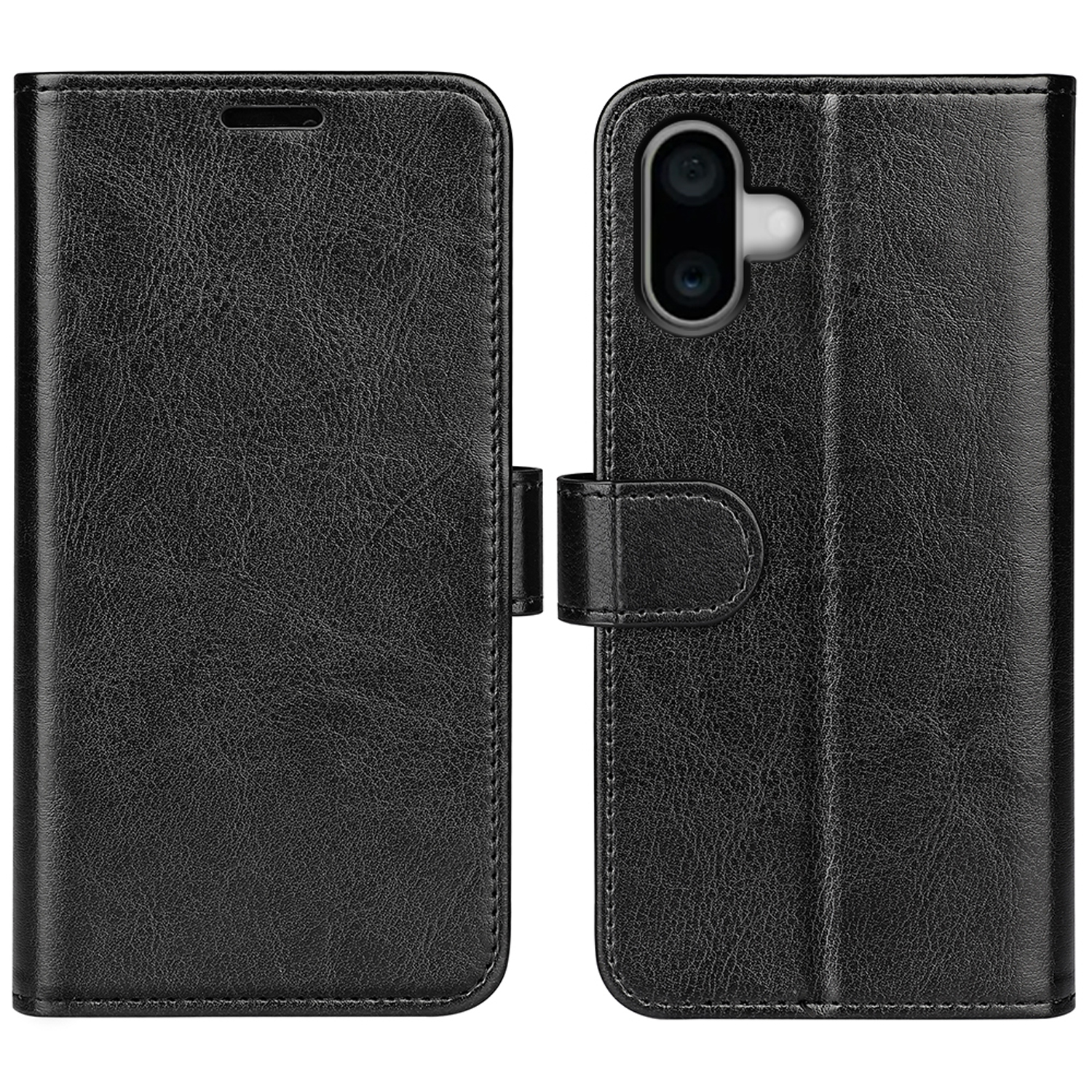 Étui de téléphone en cuir noir, ouvert. Téléphone avec triple caméra visible. Intérieur noir, fond blanc.