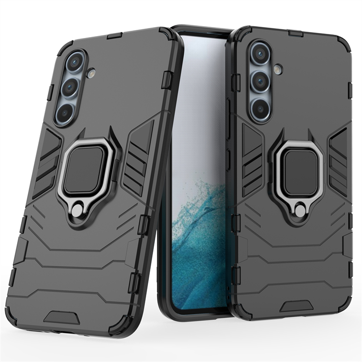 Grijze telefoonhoes met ringhouder. Robuust ontwerp, bedekt de telefoon.
