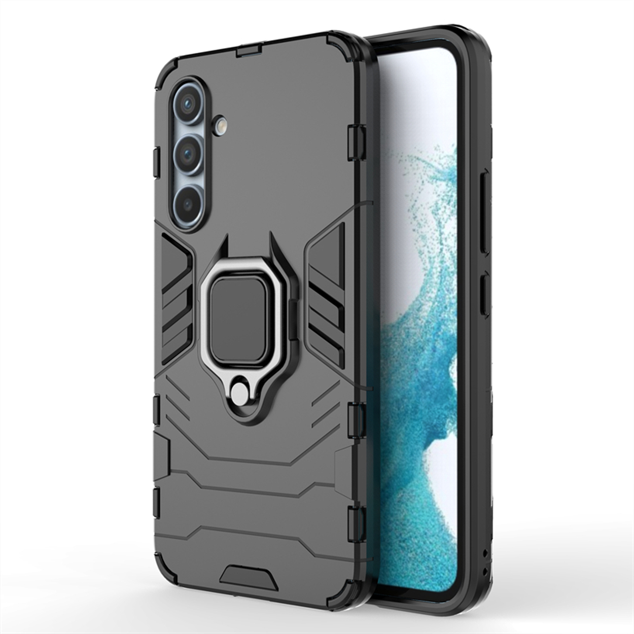 Grijze telefoonhoes met een ringhouder en een telefoon erin. De hoes heeft een robuust ontwerp.