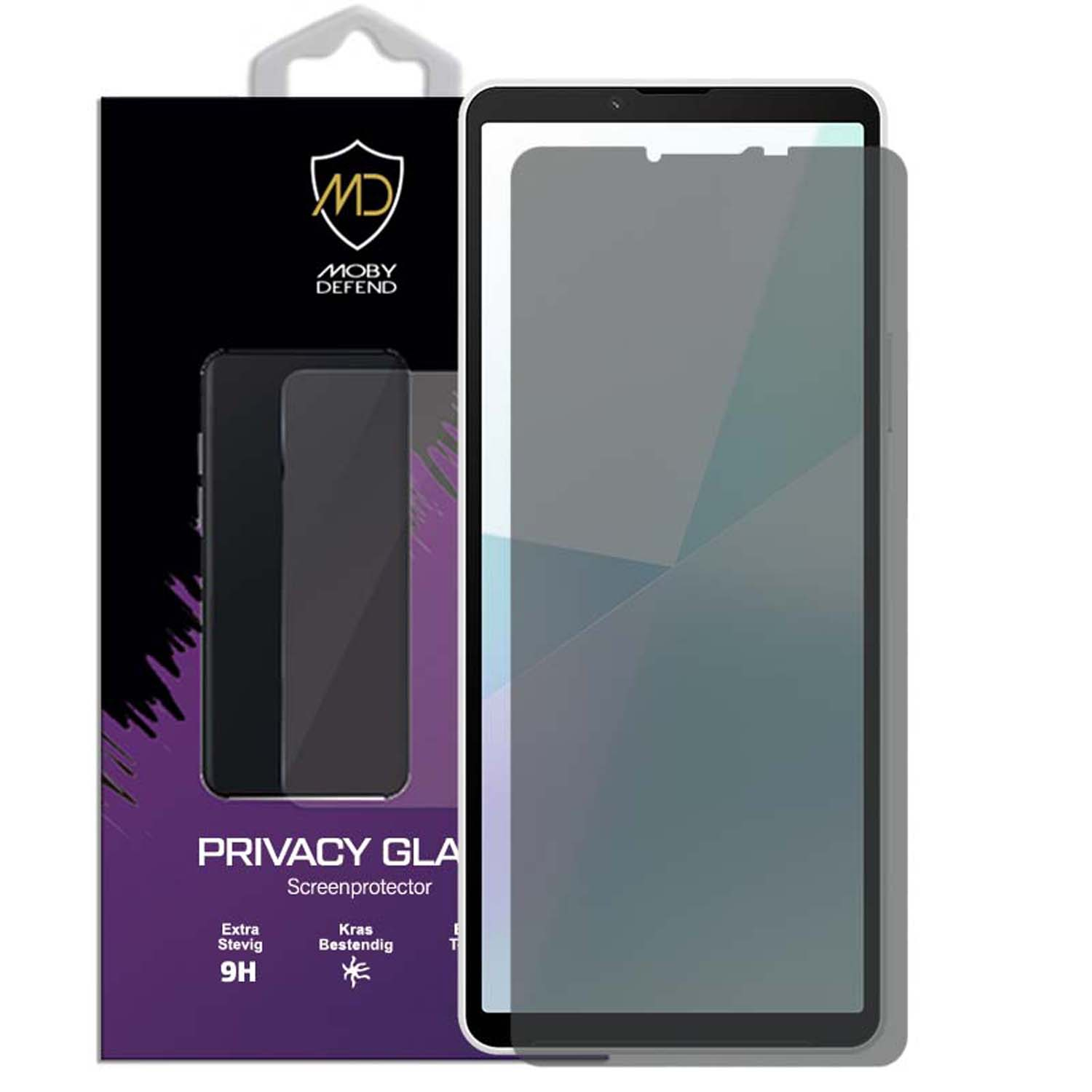 Protecteur d'écran de confidentialité et téléphone. Paquet à gauche avec le logo Moby Defend et un contour de téléphone.