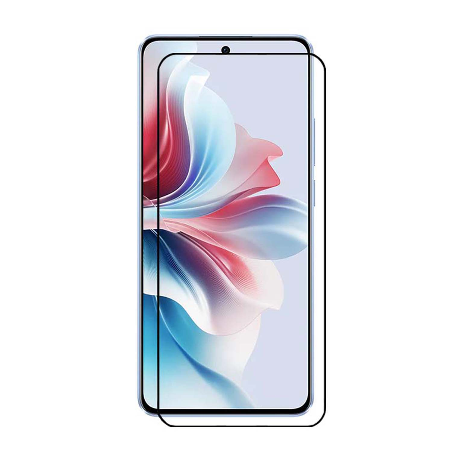 Un téléphone avec un protecteur d'écran appliqué montrant un design abstrait coloré, sur un fond blanc.