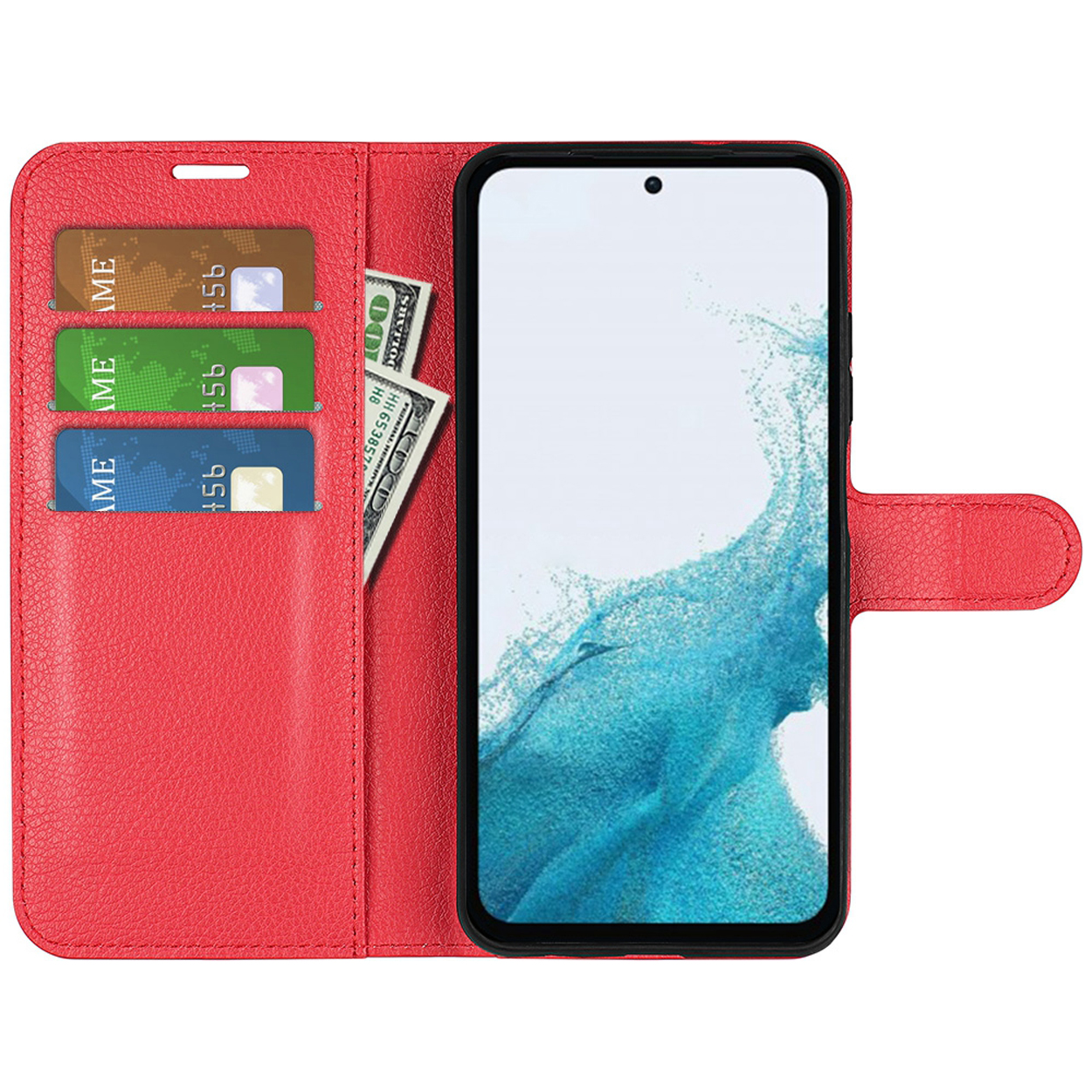 Rode telefoonhoes open met telefoon, kaarten en geld erin.