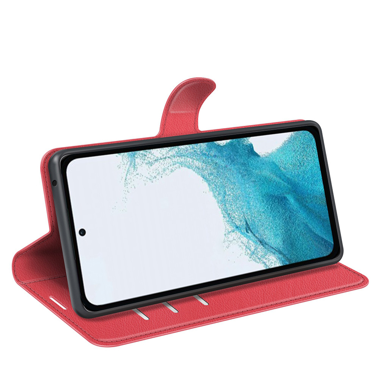 Een telefoonhoesje met de telefoon erin. De hoes is rood en de telefoon wordt weergegeven.
