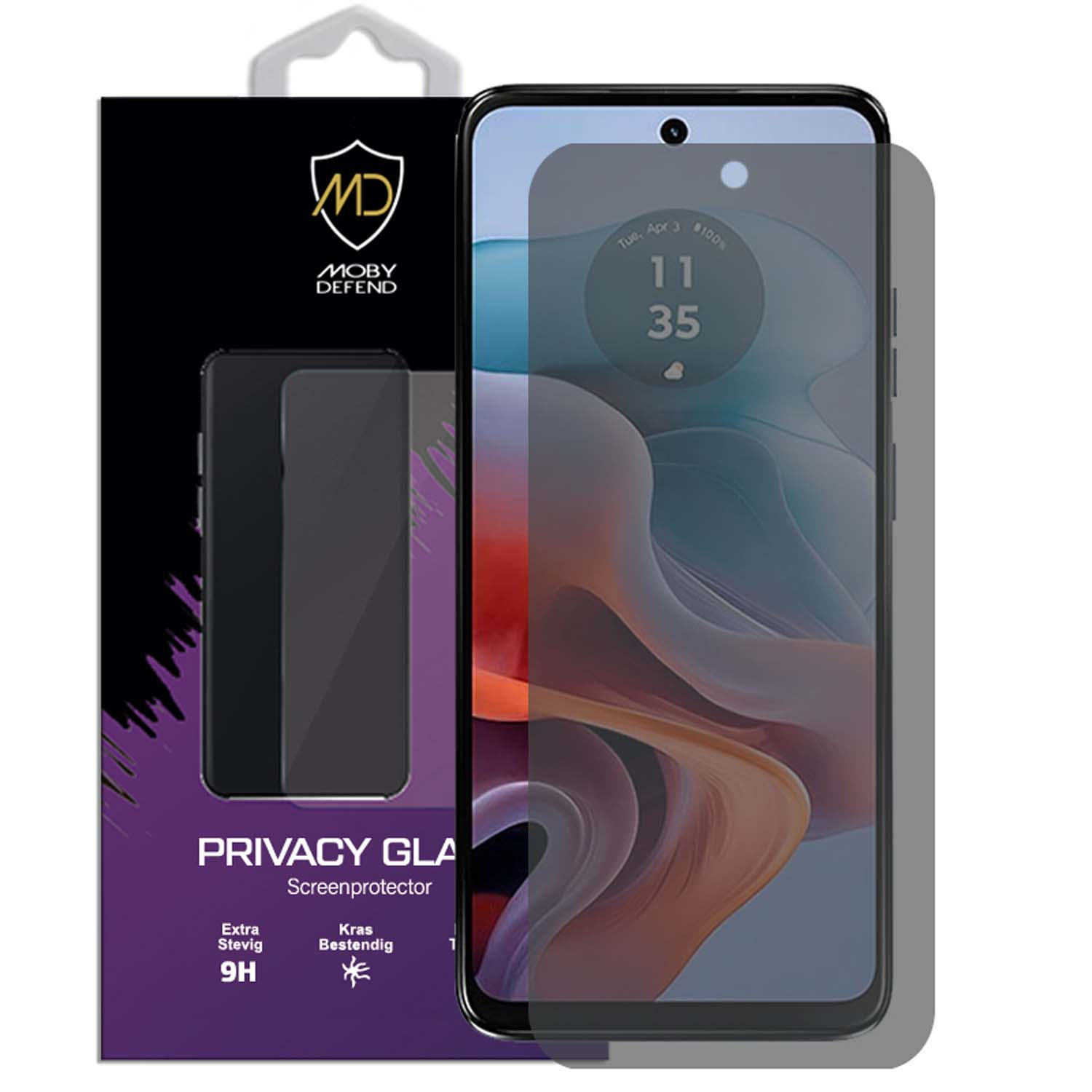 Protecteur d'écran en verre de confidentialité. Le téléphone affiche une image floue d'un paysage.