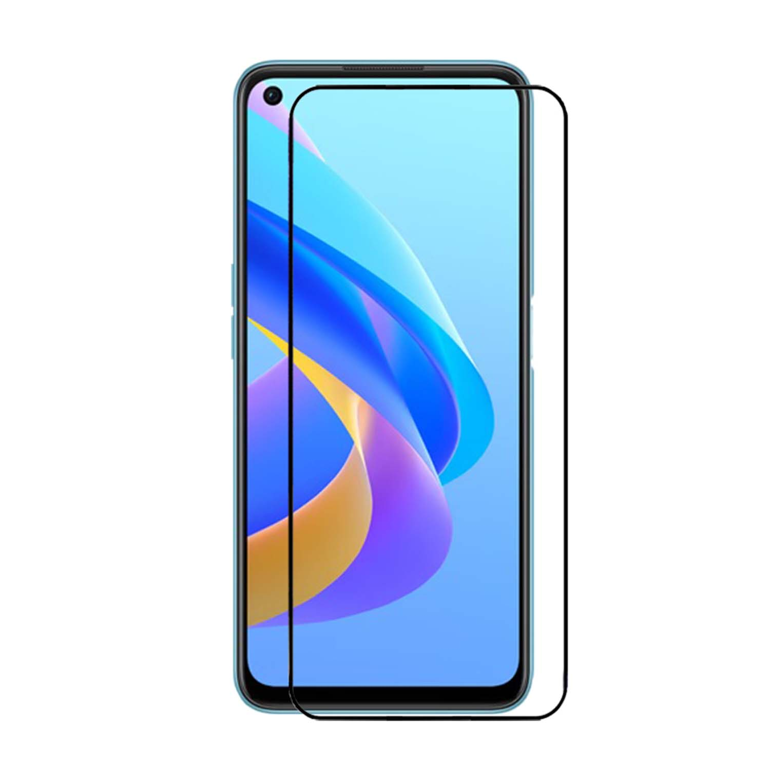 Schermbeschermer op een blauwe telefoon. Helder glas met zwarte rand bedekt het scherm.