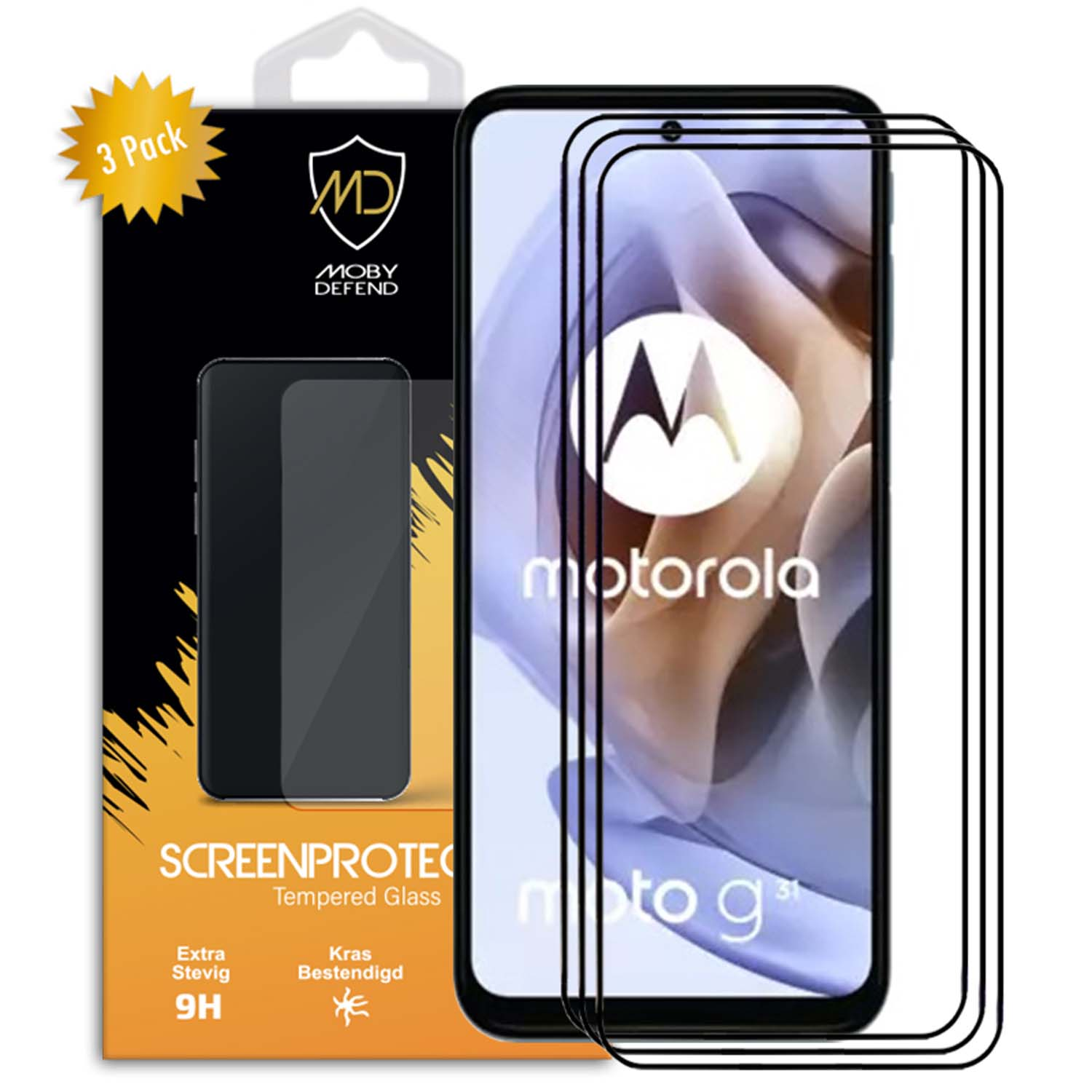 Telefoonschermbeschermers in een verpakking. Er staat "Moby Defend" en "Motorola moto g31".