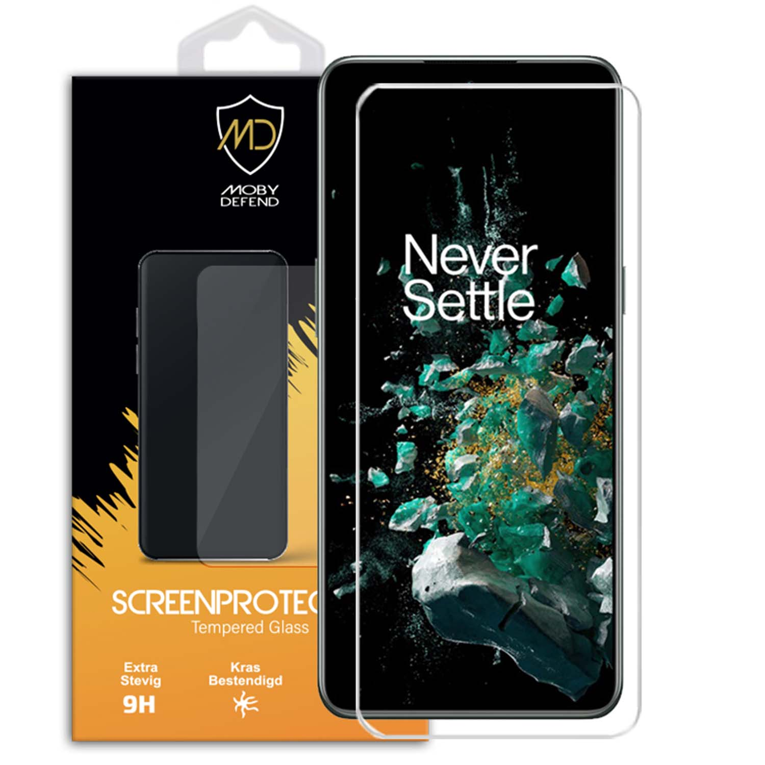 Schermbeschermer voor een telefoon met zwart scherm, met de woorden Never Settle.