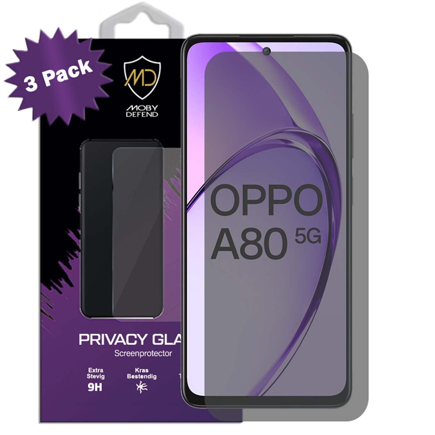 Téléphone avec protecteur d'écran. Le téléphone affiche OPPO A80 5G. Emballage en coin gauche.