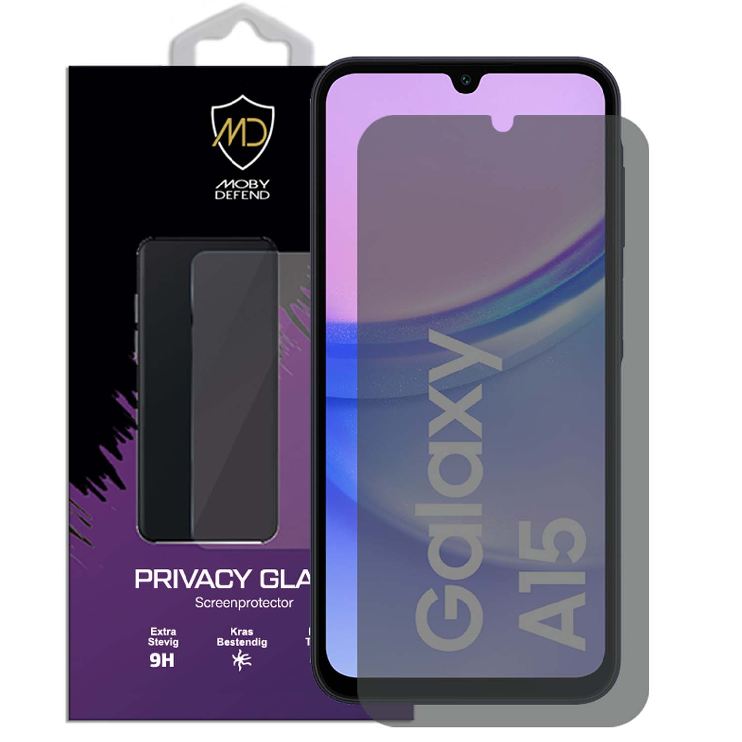 Een schermbeschermer voor een Samsung Galaxy A15, op een zwarte achtergrond.