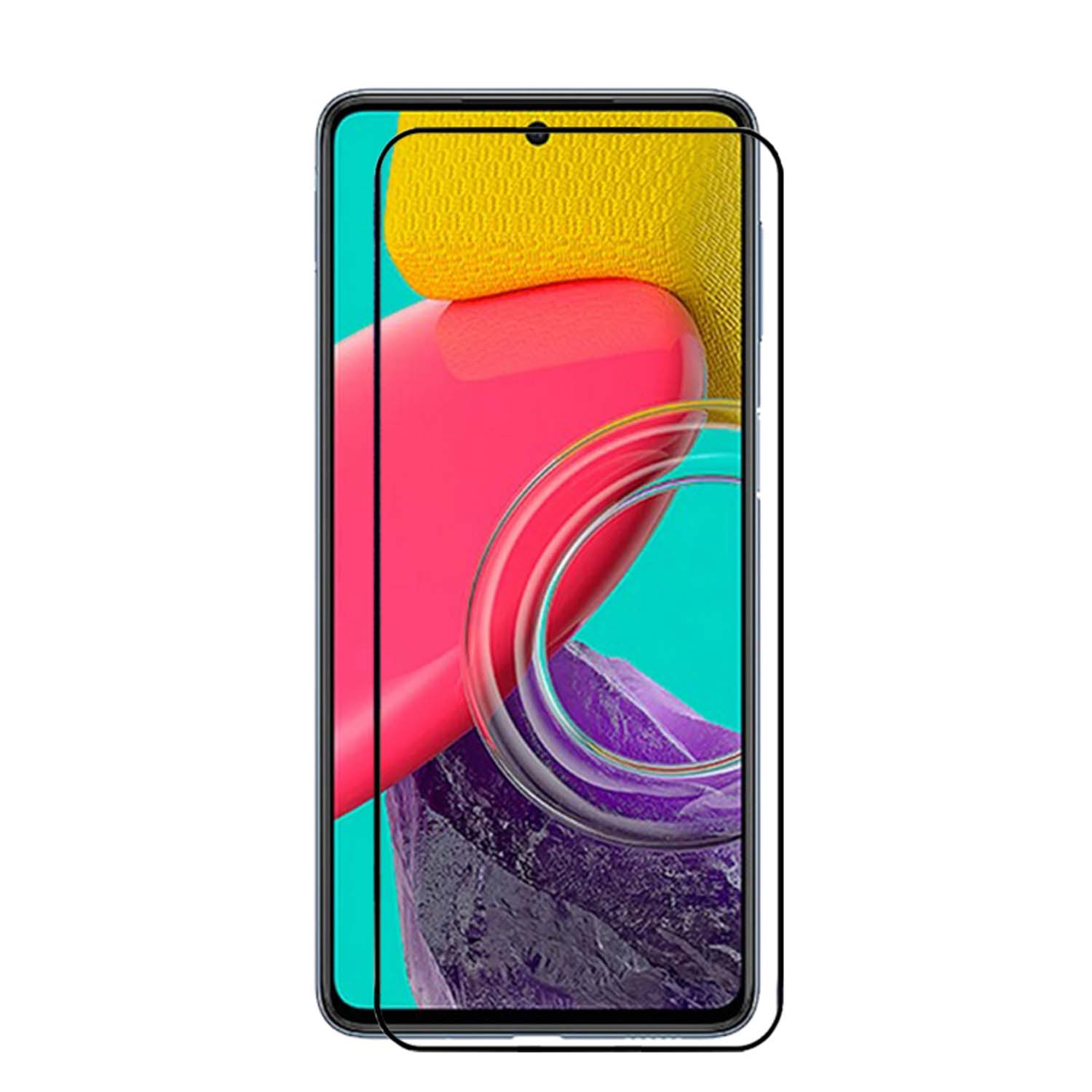 Telefoonscherm met een schermbeschermer. Zwarte rand, kleurrijke achtergrond. Witte achtergrond.