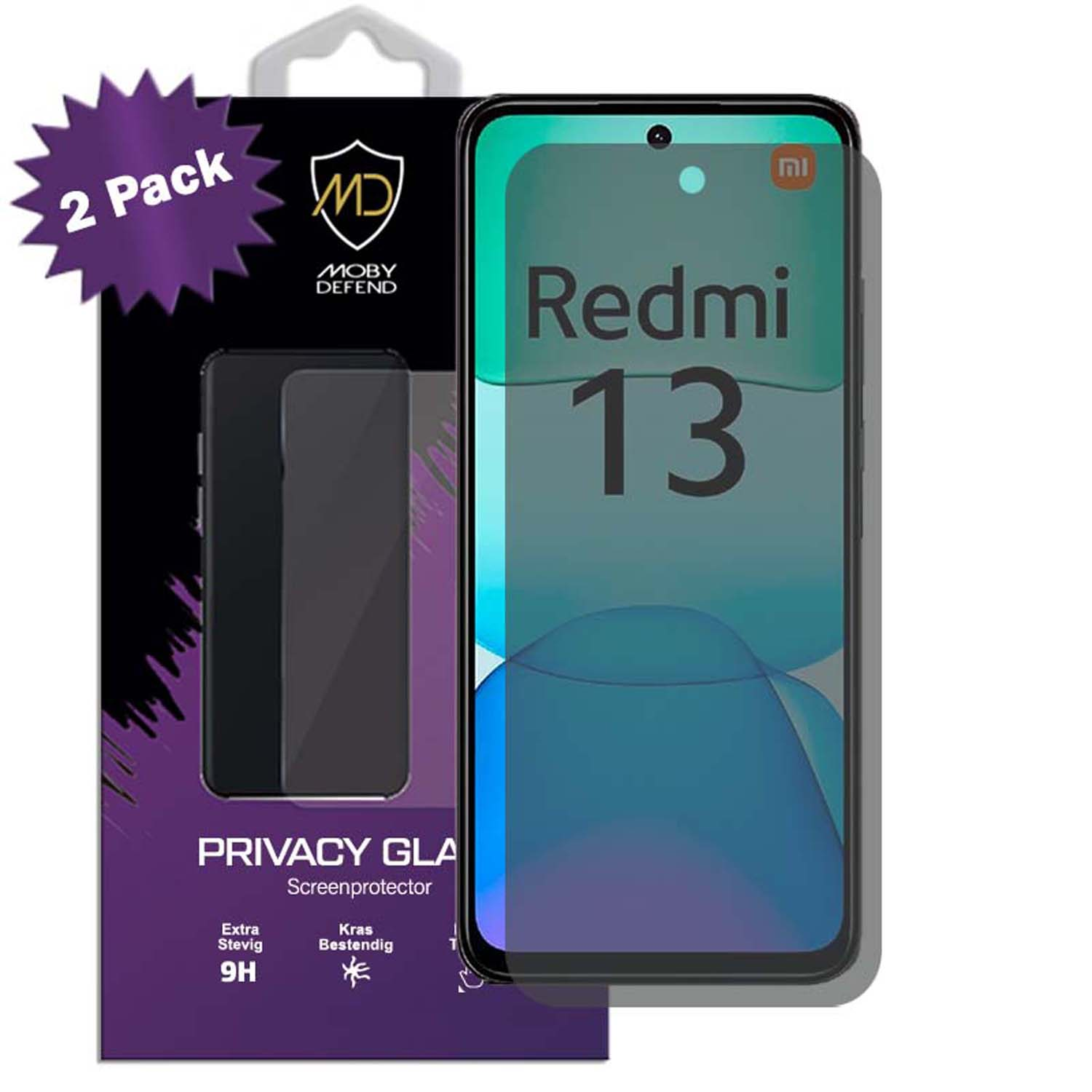 Een schermbeschermer verpakking, '2 Pack', bevat een schermbeschermer en een telefoon.