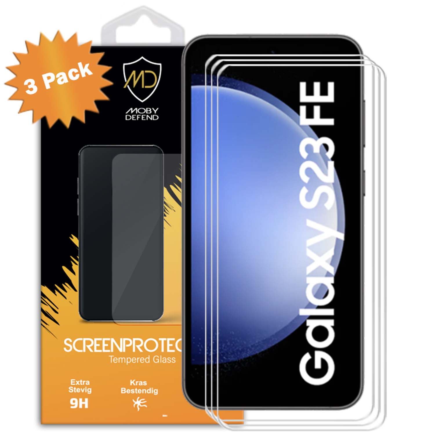 Telefoon met 3 schermbeschermers in een doos. Tekst 'Screenprotector' en 'Galaxy S23 FE'.