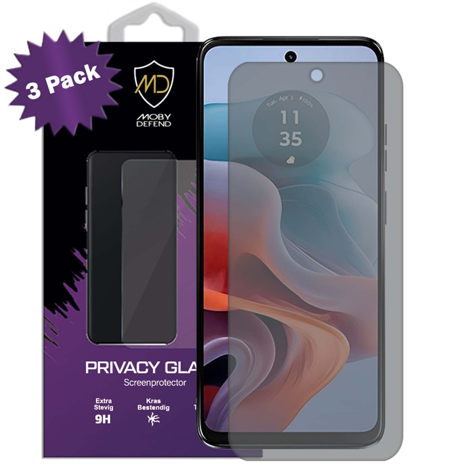 Trois protecteurs d'écran de téléphone dans une boîte. La boîte est noire et violette. Le protecteur est gris.