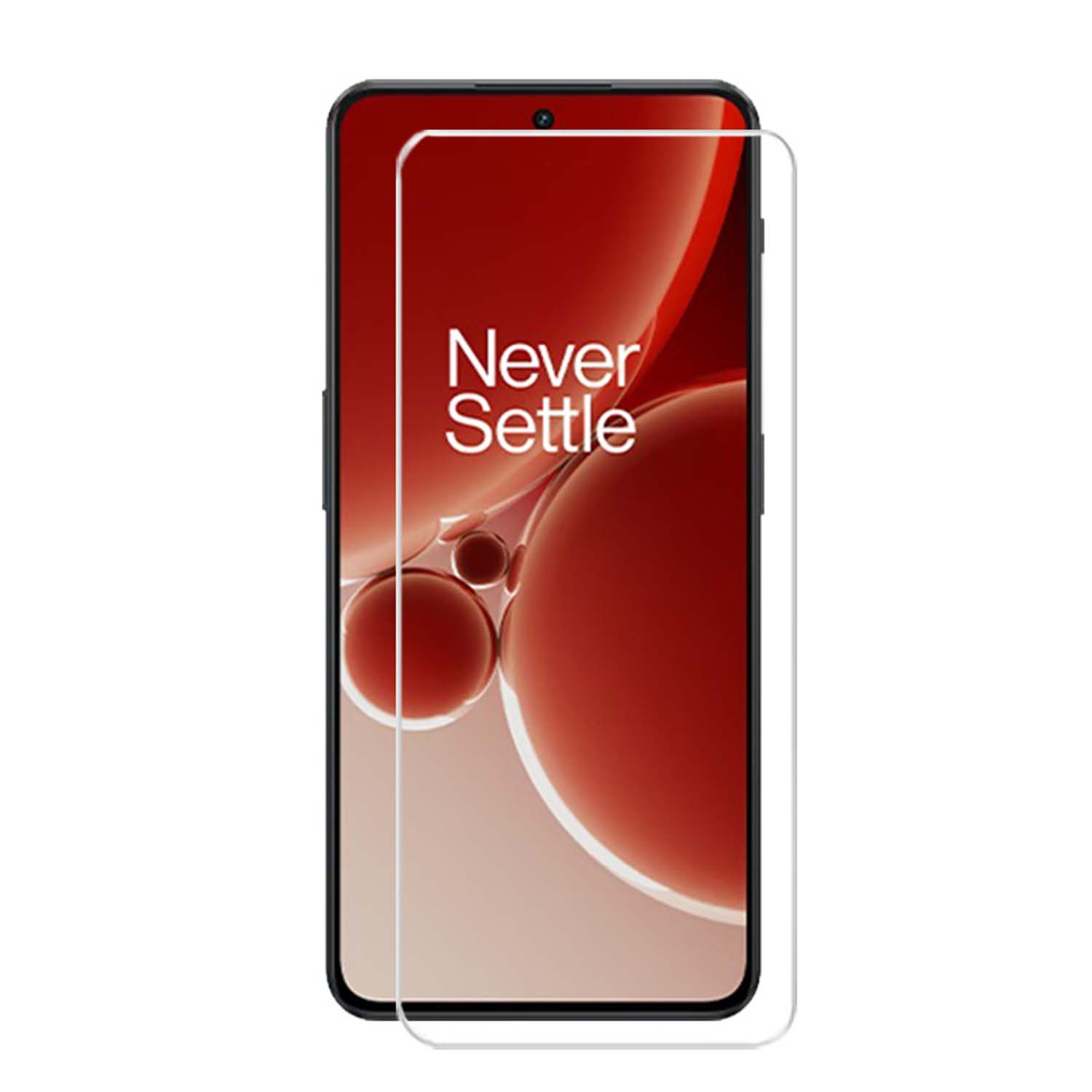 Telefoon met schermbeschermer, met een wazige afbeelding met de woorden 'Never Settle'.