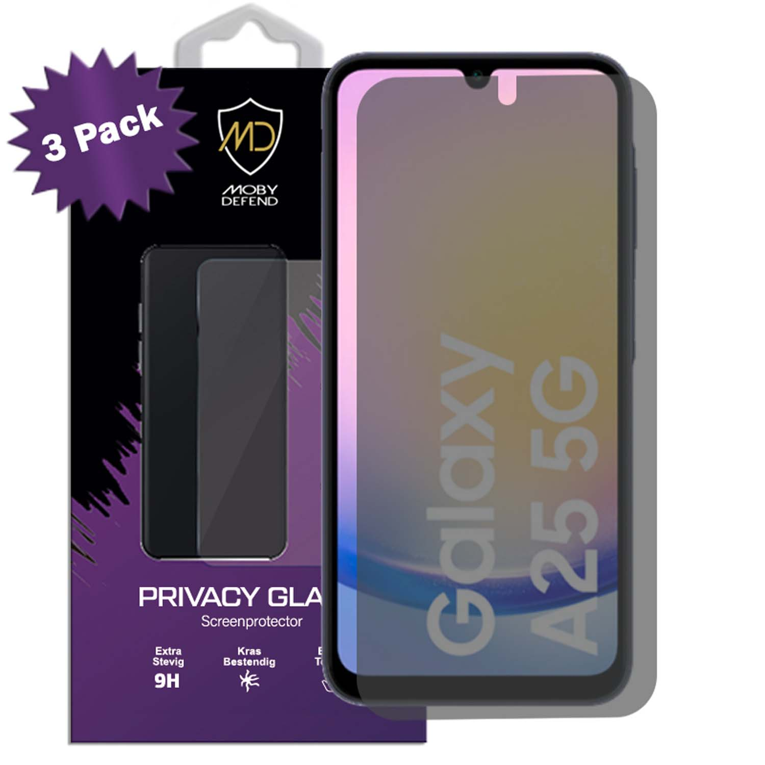 Un emballage de protection d'écran. Il indique '3 Pack' et 'Privacy Glass'.