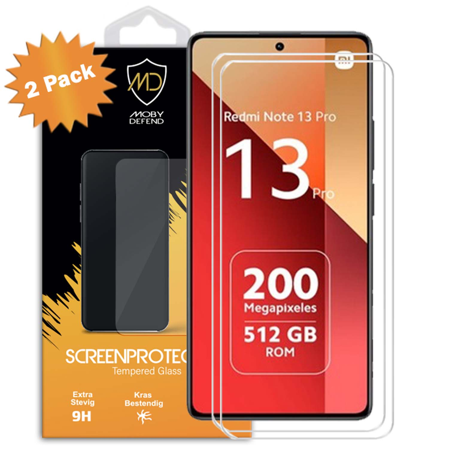 Paquet de protection d'écran. Il est écrit "Redmi Note 13 Pro" et "200 mégapixels".