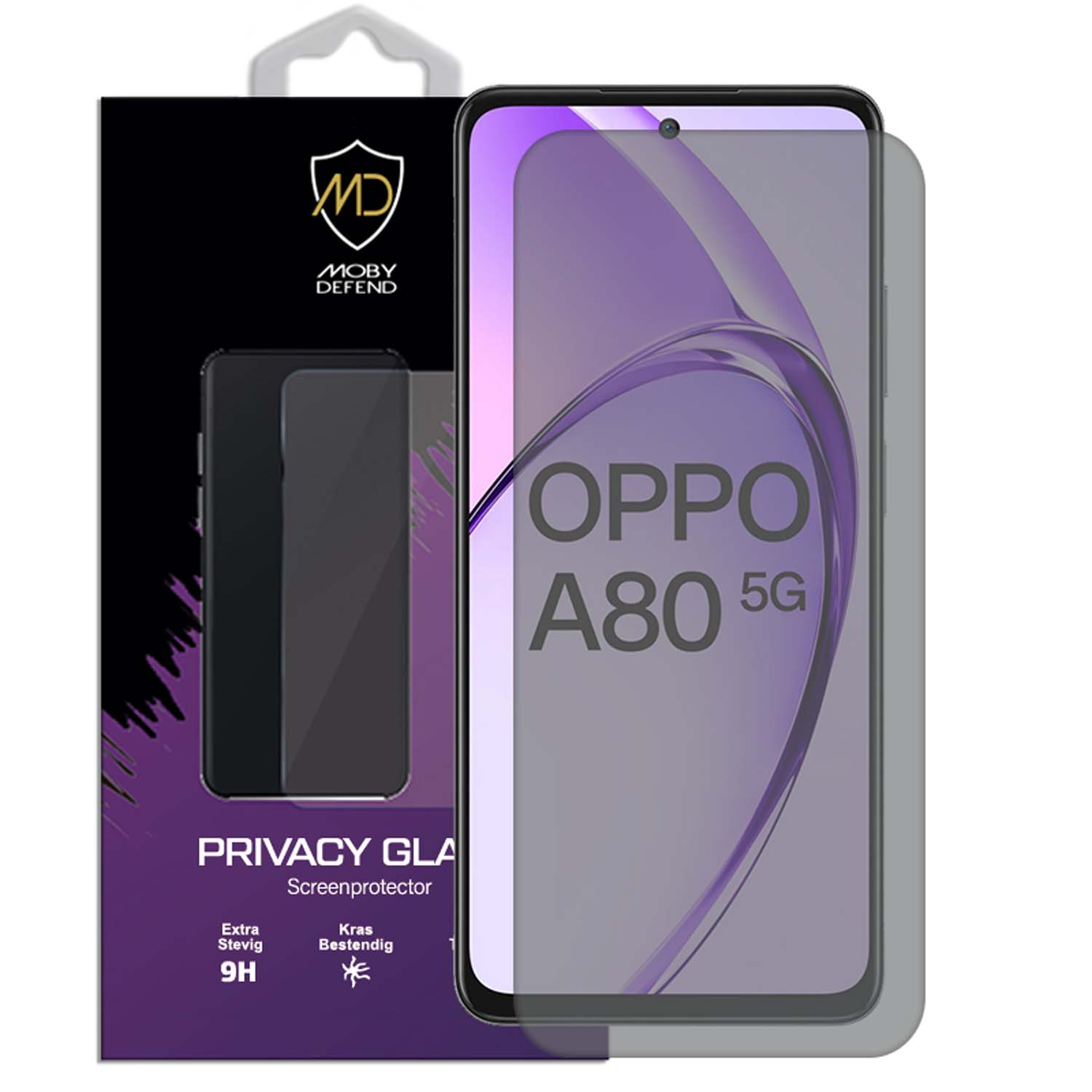 Téléphone avec protecteur d'écran. Le téléphone affiche OPPO A80 5G. Emballage en coin gauche.