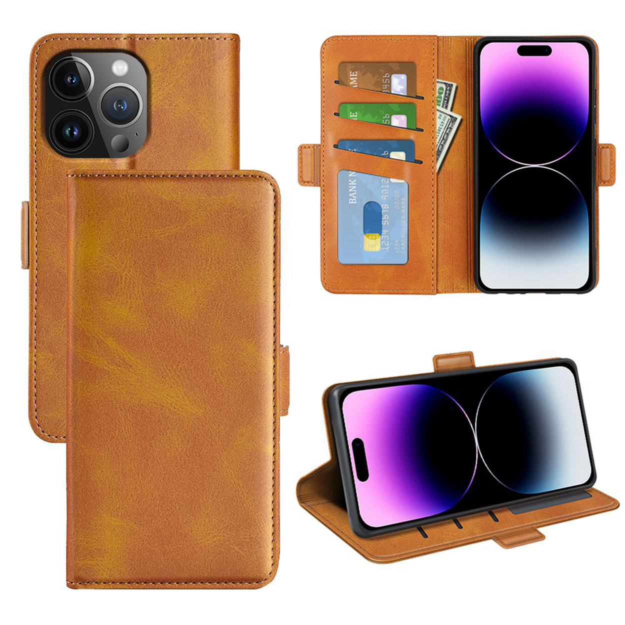 Bruine leren telefoonhoes met portemonneefunctie, met telefoon, kaarten en geld. Verschillende hoeken.