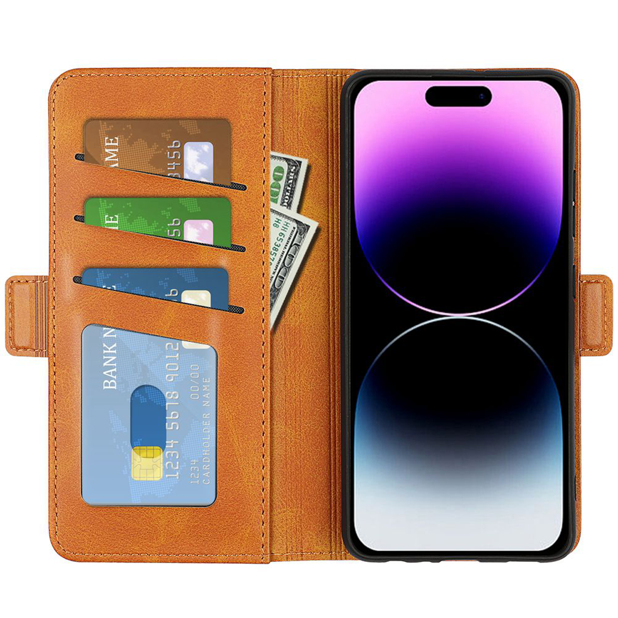 Bruine telefoonhoes met kaartsleuven en een sleuf voor geld, met een telefoon met een scherm.