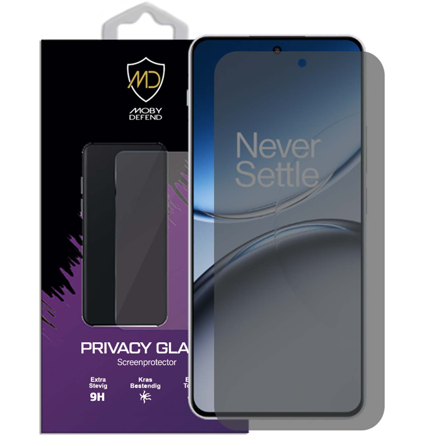 Un protecteur d'écran et un téléphone sont affichés avec les mots 'Never Settle'.