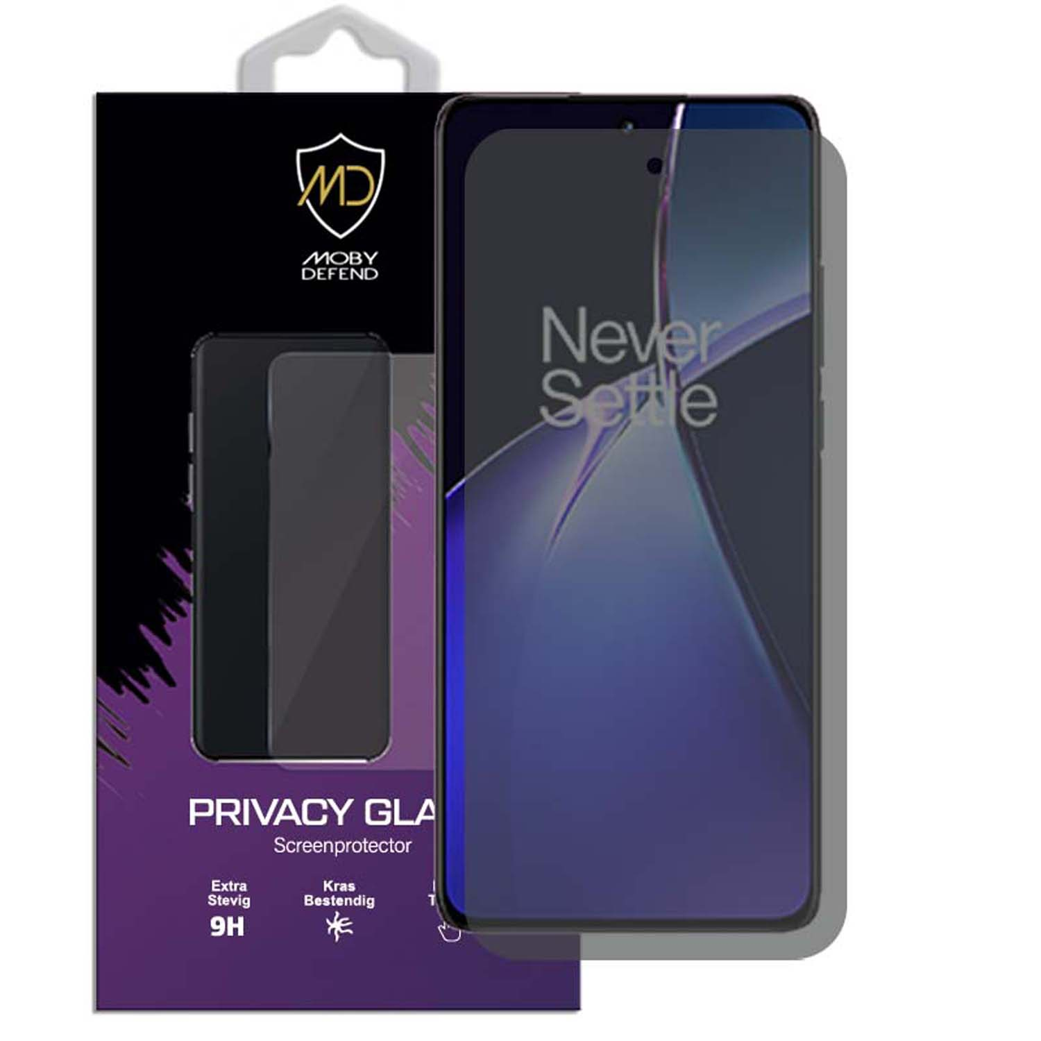 Paquet de protection d'écran de confidentialité. Il est écrit "Never Settle". L'écran du téléphone est violet foncé.