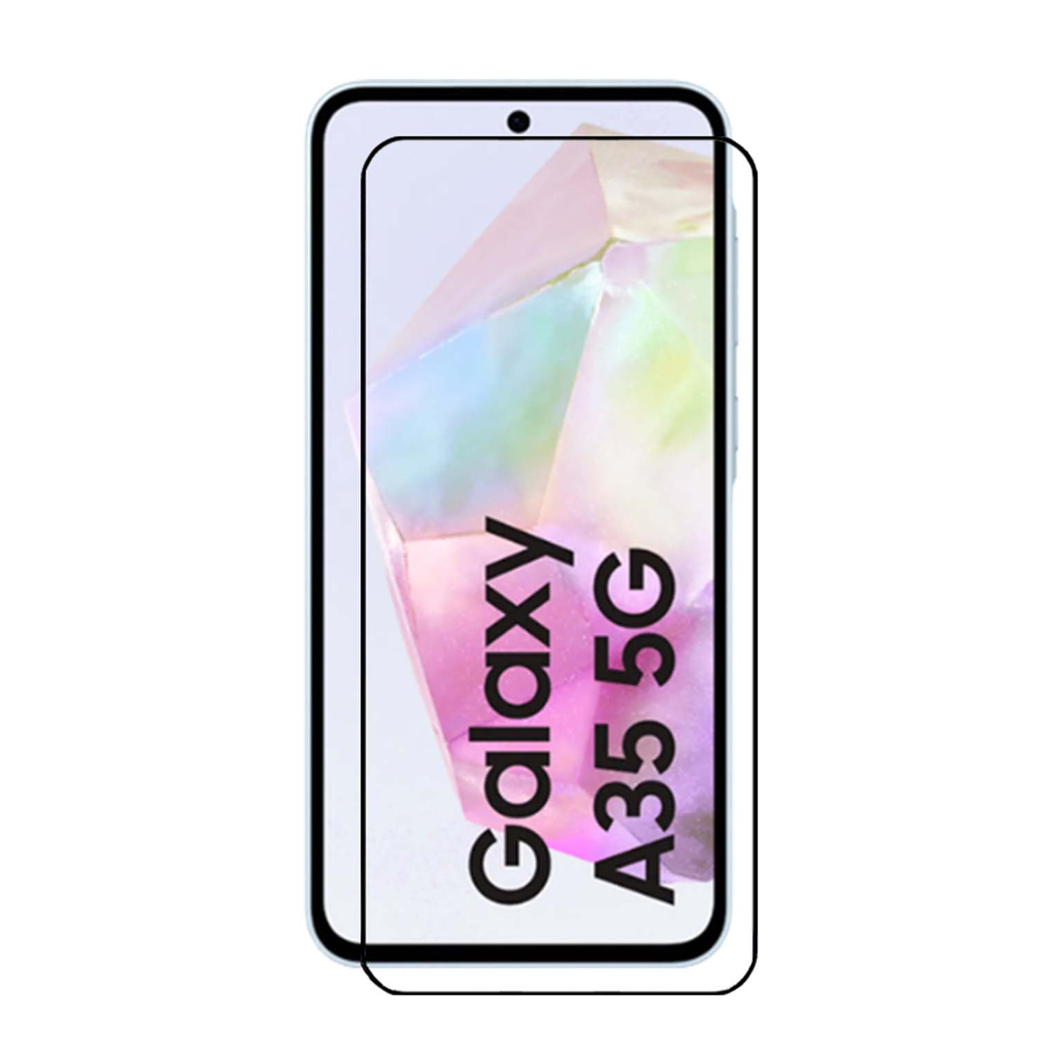 Een telefoon met schermbeschermer, met de naam van de telefoon erop.