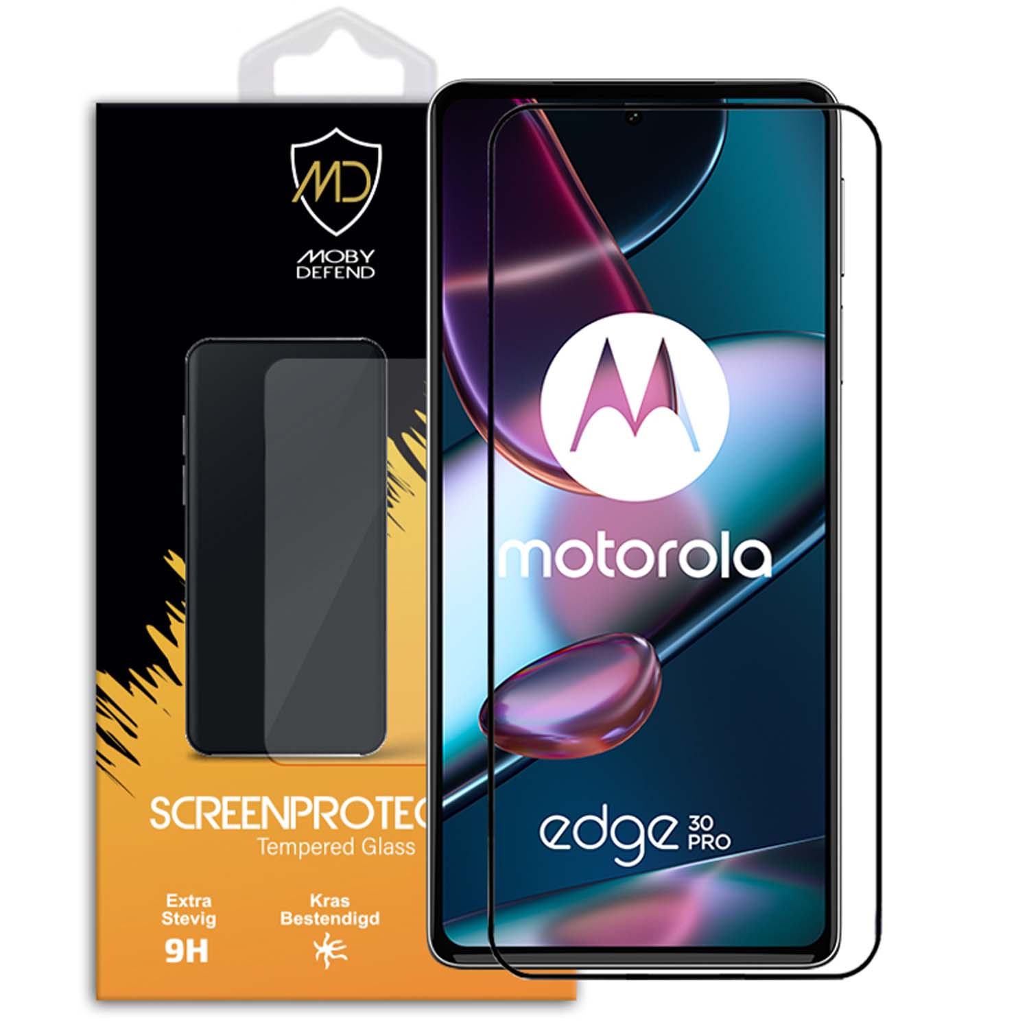 Motorola Edge 30 Pro avec protecteur d'écran dans une boîte. Le téléphone a le protecteur.