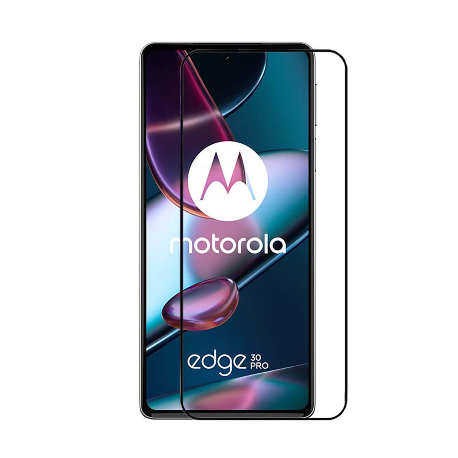 Téléphone avec protecteur d'écran. Logo Motorola et texte 'edge 30 pro' visibles. Fond blanc.