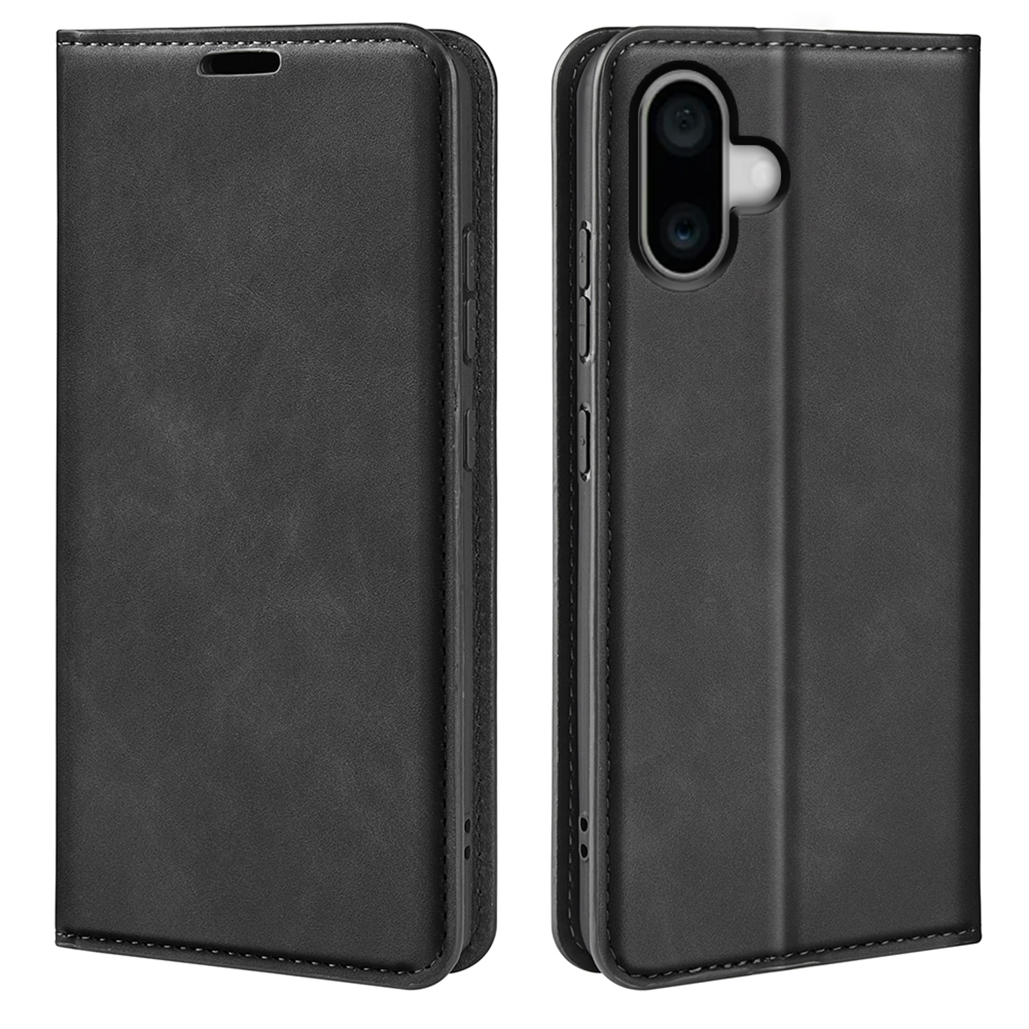 Étui de téléphone noir, ouvert et fermé. Affiche les lentilles de la caméra. L'étui est en cuir.