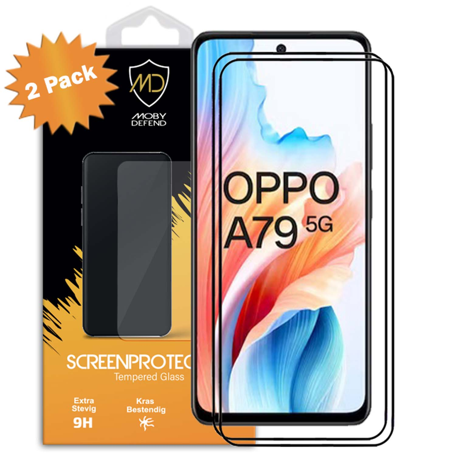 Een schermbeschermer voor een Oppo A79 5G-telefoon, verpakt met een '2-pack'-sticker.