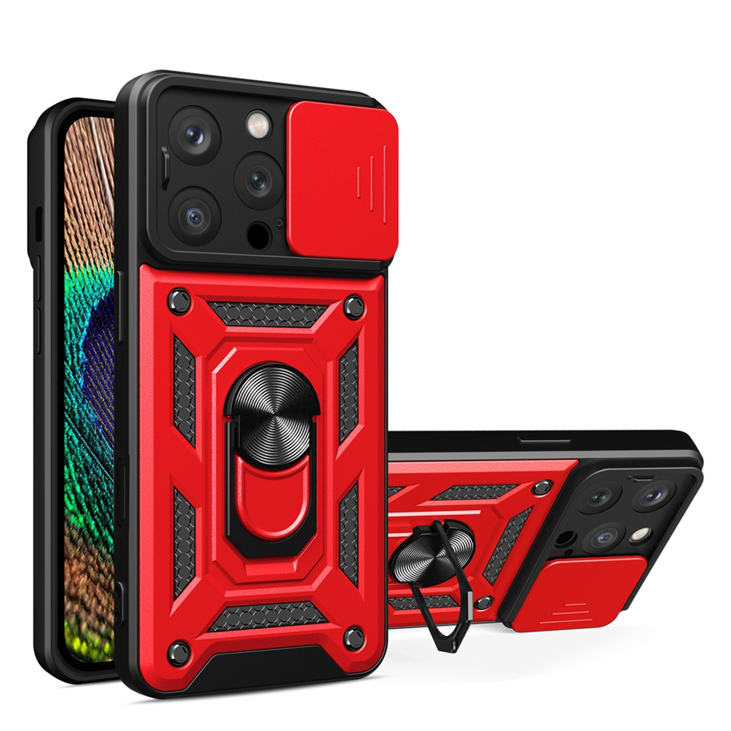 Rode en zwarte telefoonhoes met cameralensafdekking en ringhouder. Er worden twee hoesjes getoond.