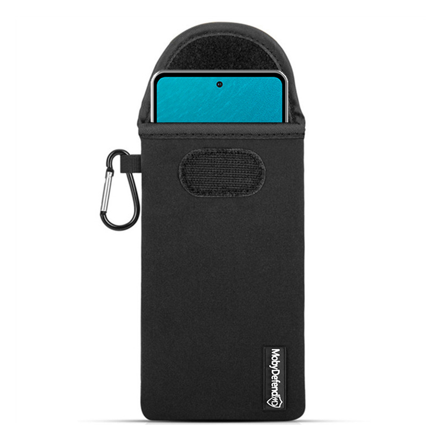 Een zwarte telefoonhoes, een zwarte telefoon erin, met een zilveren haak.