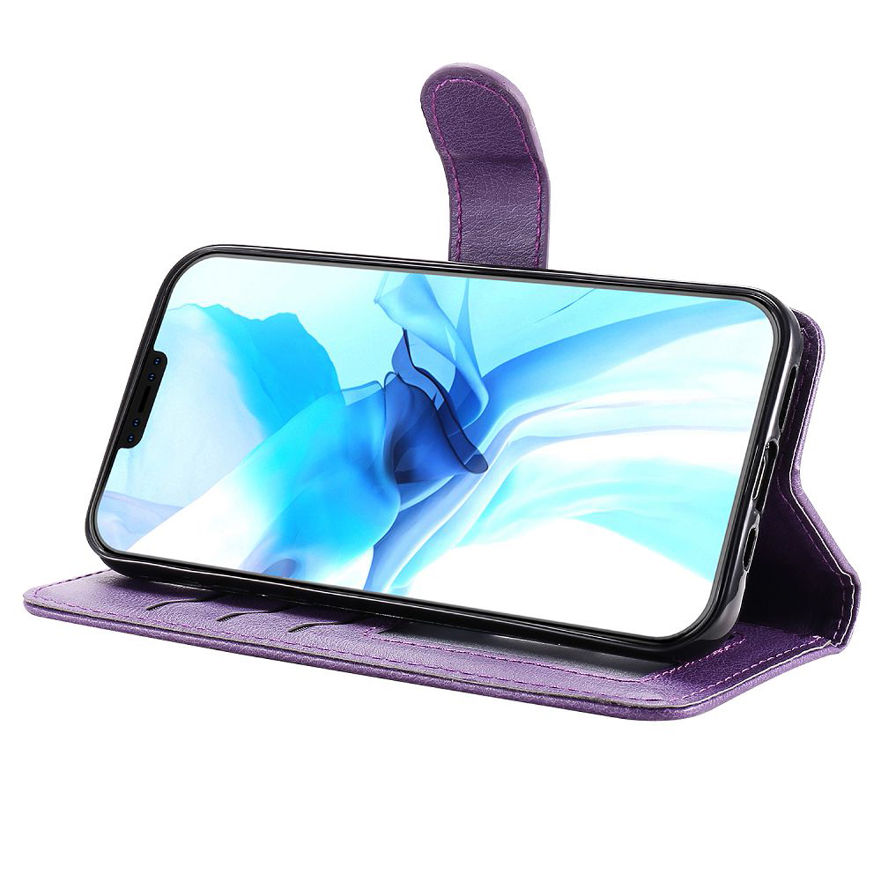 Paarse telefoonhoes. De telefoon wordt open weergegeven, de hoes is omhooggeklapt.