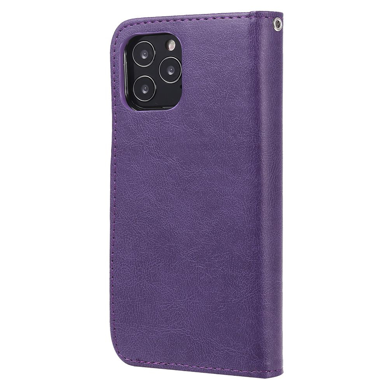 Paarse leren telefoonhoes. Voorzien van een camera-uitsparing en een gestikte rand.