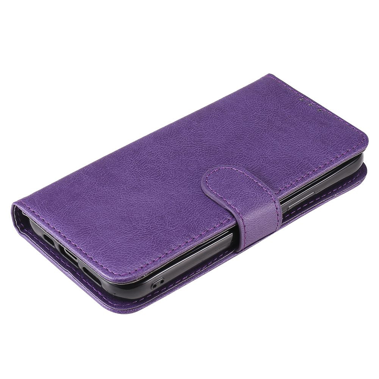 Een paarse leren telefoonportemonnee. Er zit een bandje en een telefoon in.