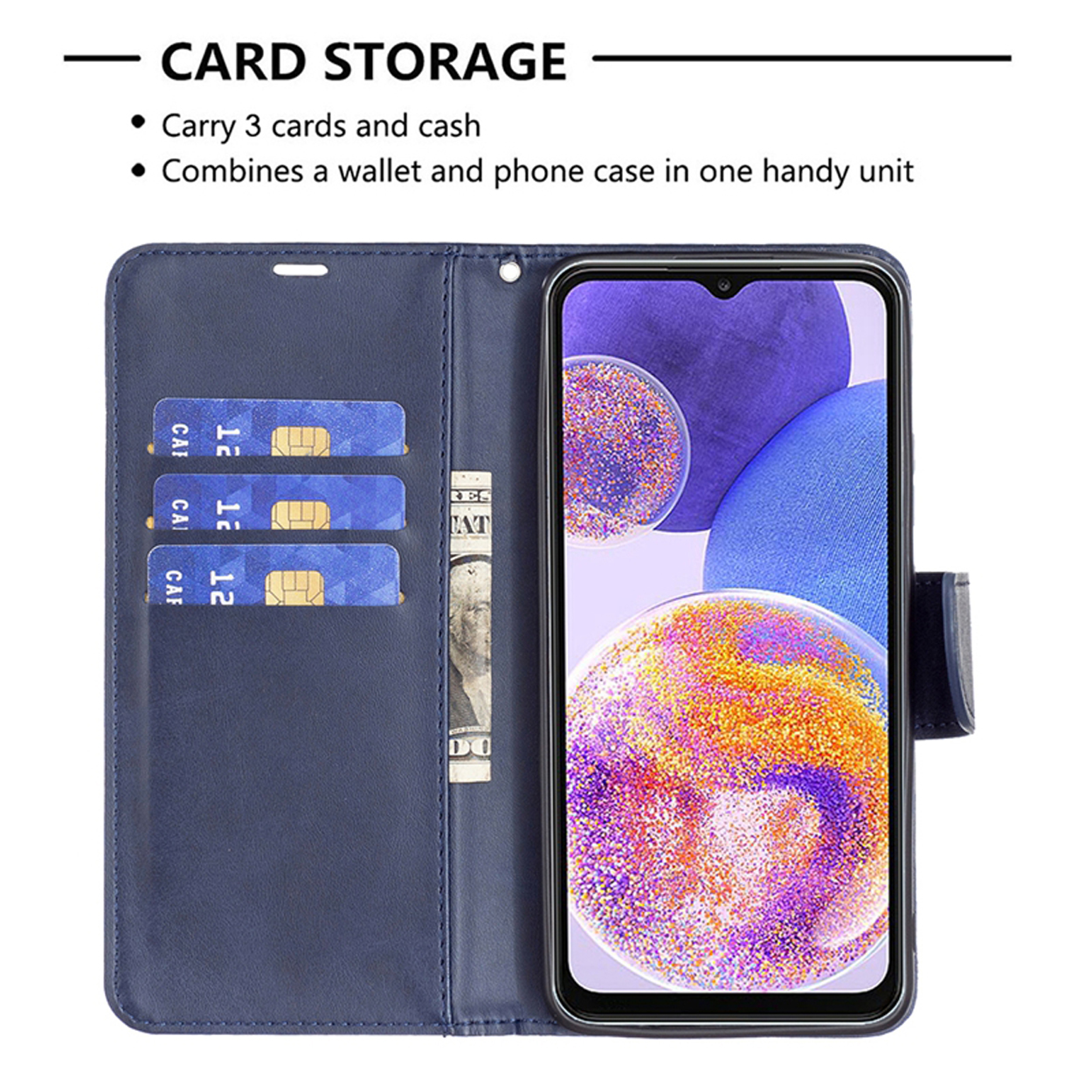 Open blauwe telefoonhoes met drie creditcards en een rekening erin. Telefoon in de hoes.