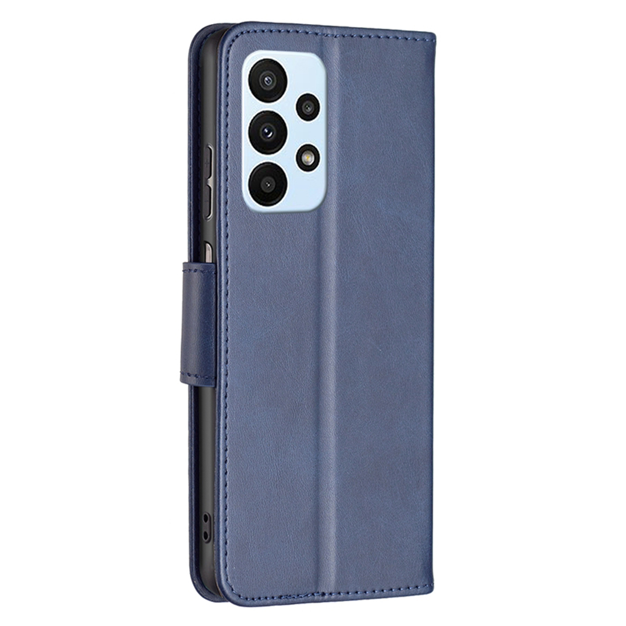 Blauwe telefoonhoes, gesloten, met camera-uitsparingen en magneetsluiting. De telefoon binnenin.