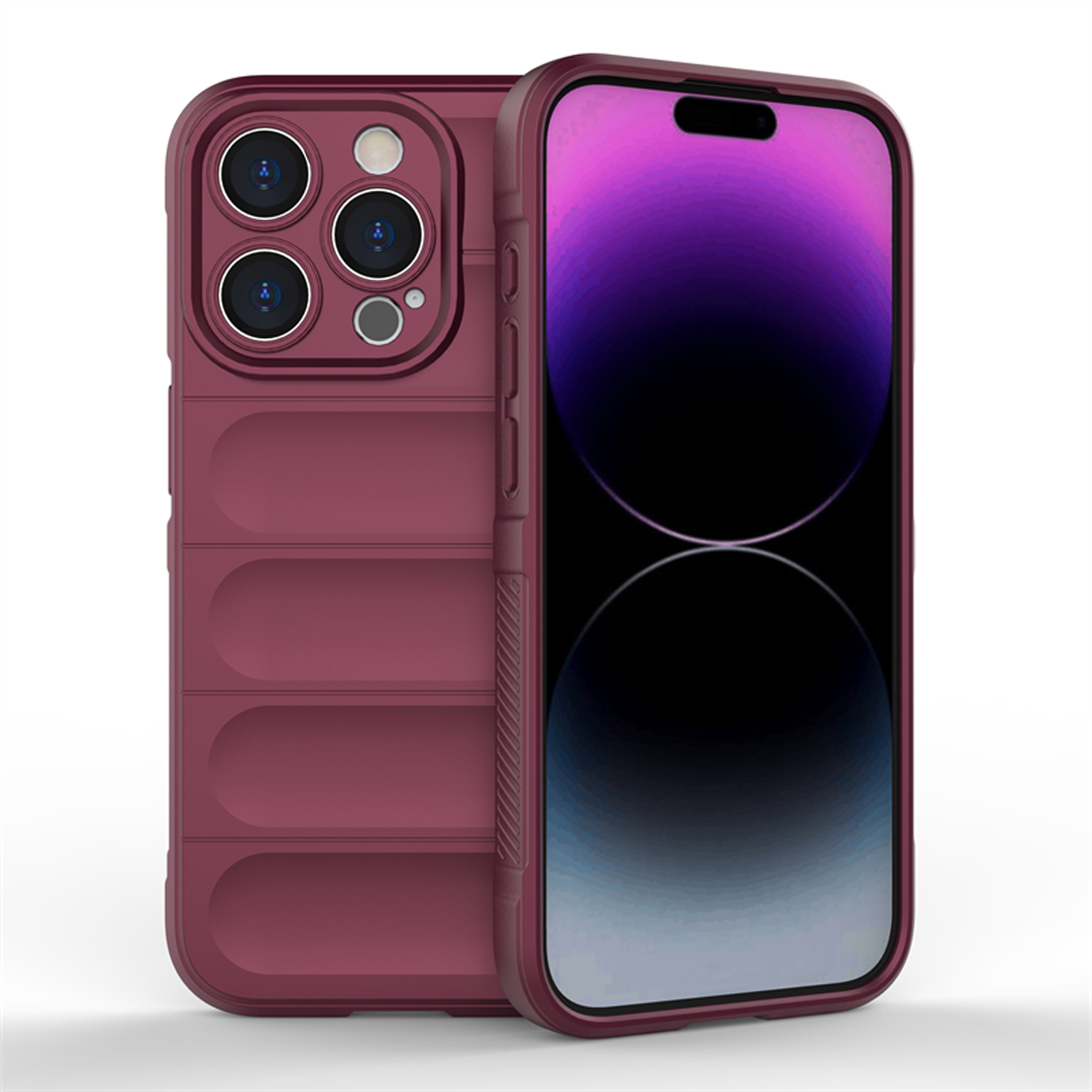 Un étui de téléphone bordeaux avec un design protecteur intégré, téléphone à l'intérieur.
