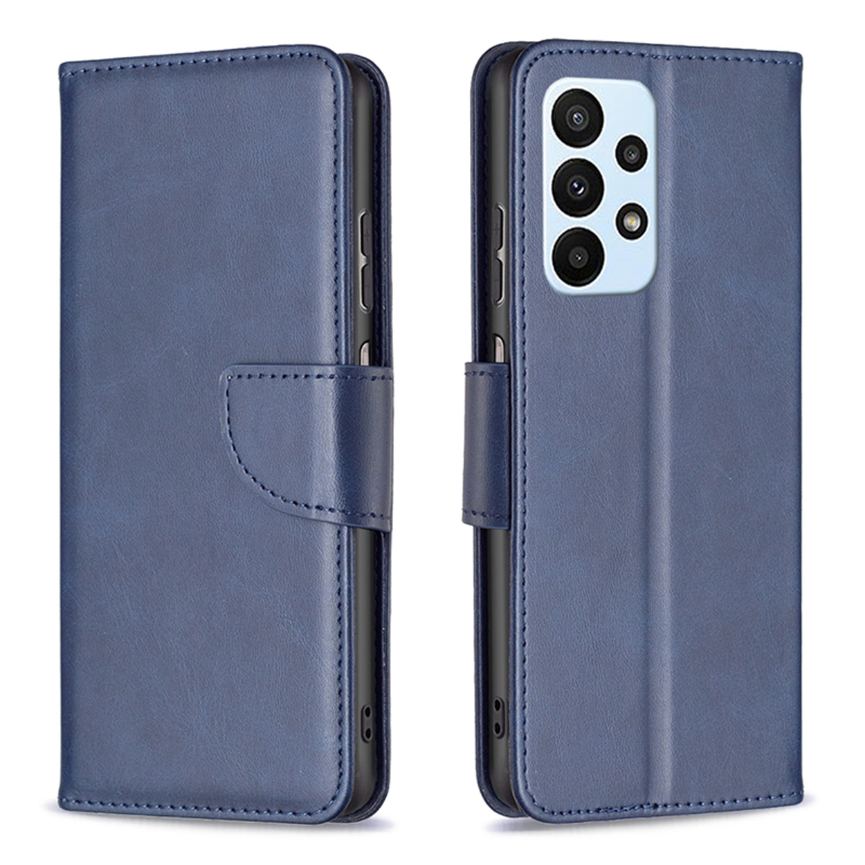 Blauwe telefoonhoes, portemonnee-stijl, open en dicht, met telefoon en camera. Witte achtergrond.