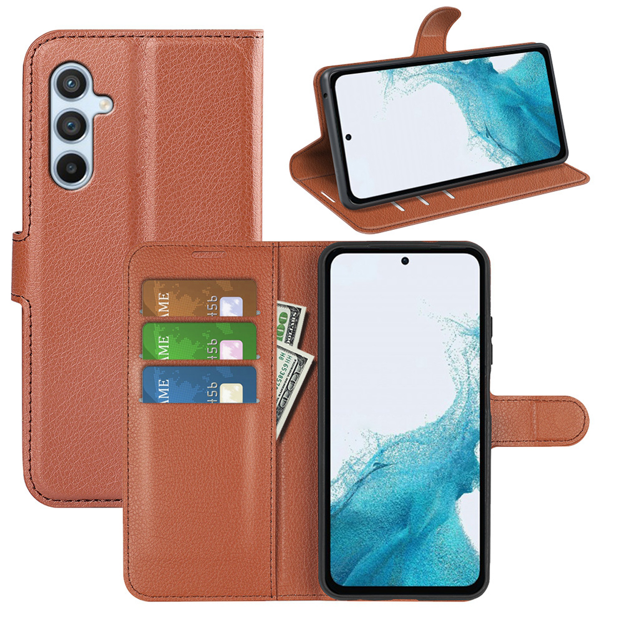 Een bruine telefoonhoes met een telefoon, creditcards en wat geld.