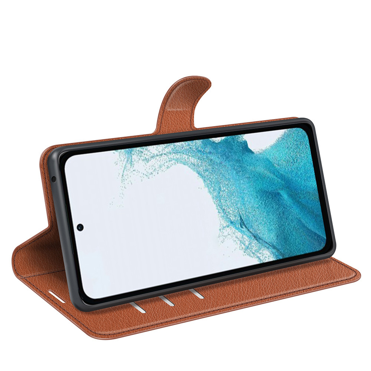 Bruine telefoonhoes, telefoon in hoes, wit telefoonscherm, bruine achtergrond.